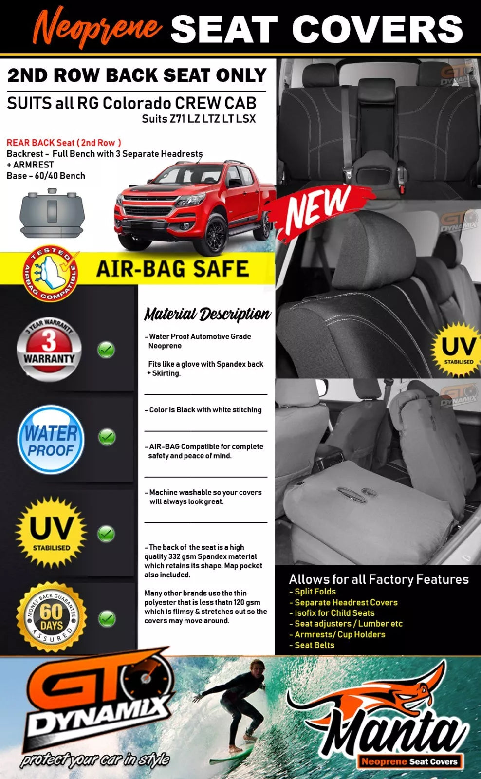 Manta Neoprene Rear Seat Covers For COLORADO RG DUAL CAB LTZ 6/2012-20