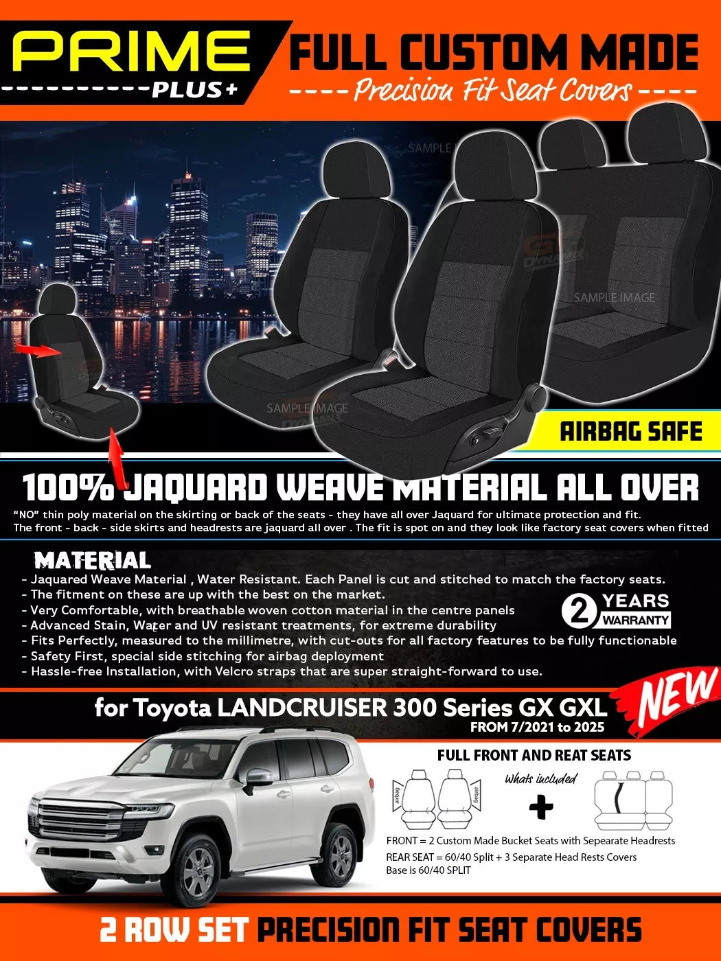 PRIME PLUS Seat Covers 2 Rows Black For Toyota Landcruiser 300 Series GXL GX 7/2021-2025