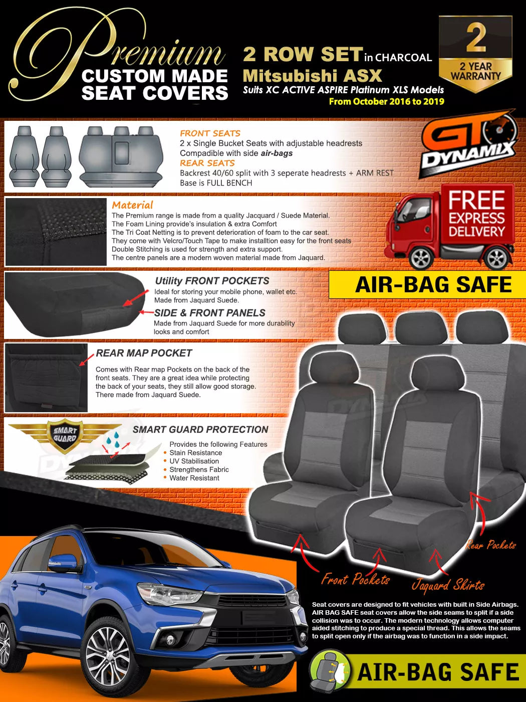 Premium Seat Covers 2 Rows Charcoal Grey For Mitsubishi ASX XC XD Active XLS ES 10/2016-2024