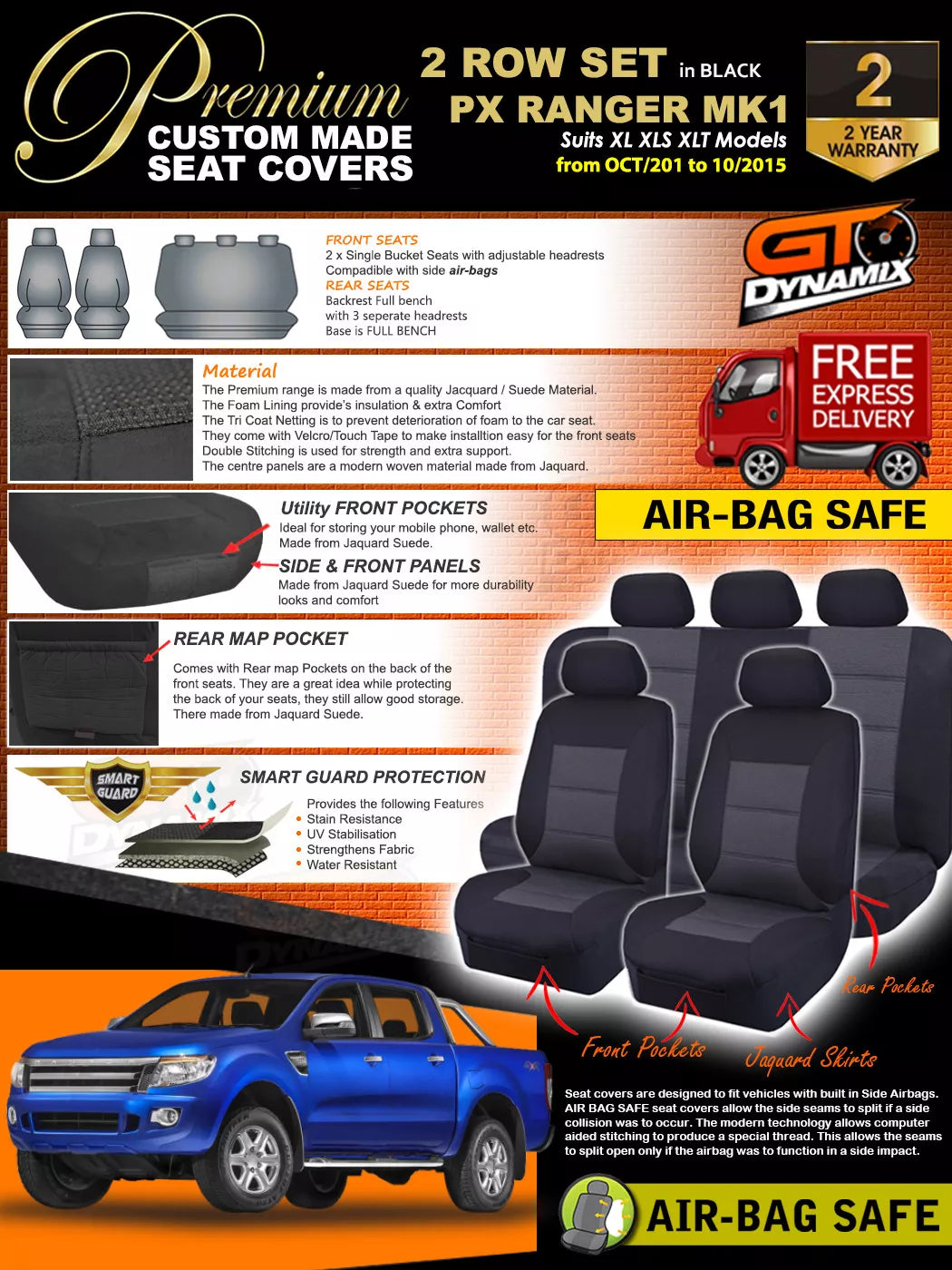 Premium Seat Covers 2 Rows Black For FORD PX MK1 RANGER XL XLS XLT 10/2011-10/2015