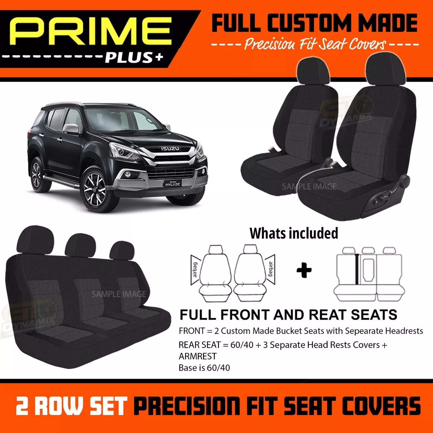 PRIME PLUS Seat Covers 2 Rows Black For Isuzu MU-X LS-T LS-M LS-U 11/2013-5/2021