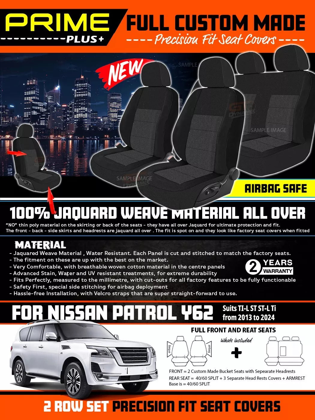 PRIME PLUS Seat Covers 2 Rows Black For Nissan Y62 Patrol Ti Ti-L ST 2013-2024