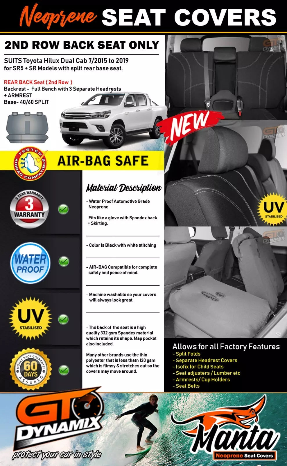 Manta Neoprene Rear Seat Covers For Toyota Hilux SR5 SR 7/2015-2024
