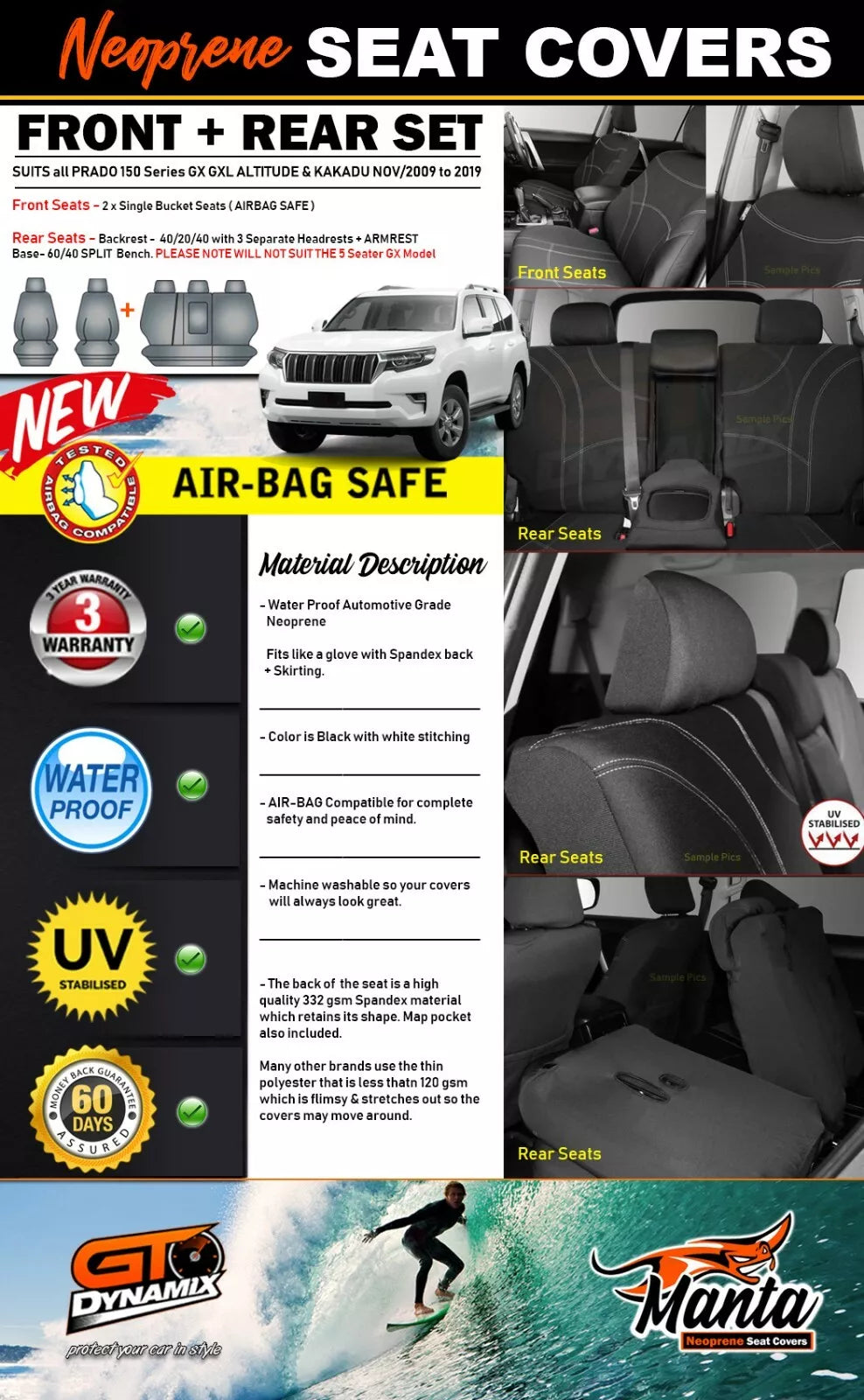 Manta Neoprene 2 Rows Seat Covers For Toyota Prado 150 GXL VX 2009-5/2021
