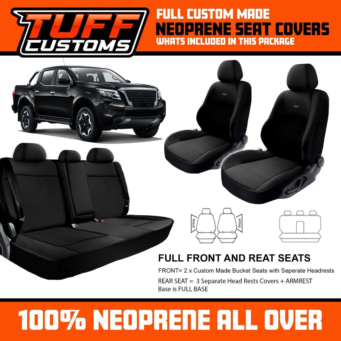 TUFF Customs Neoprene Seat Covers For Nissan Navara D23 NP300 S5 ST ST-X 10/2000-2025 Black 2 Rows