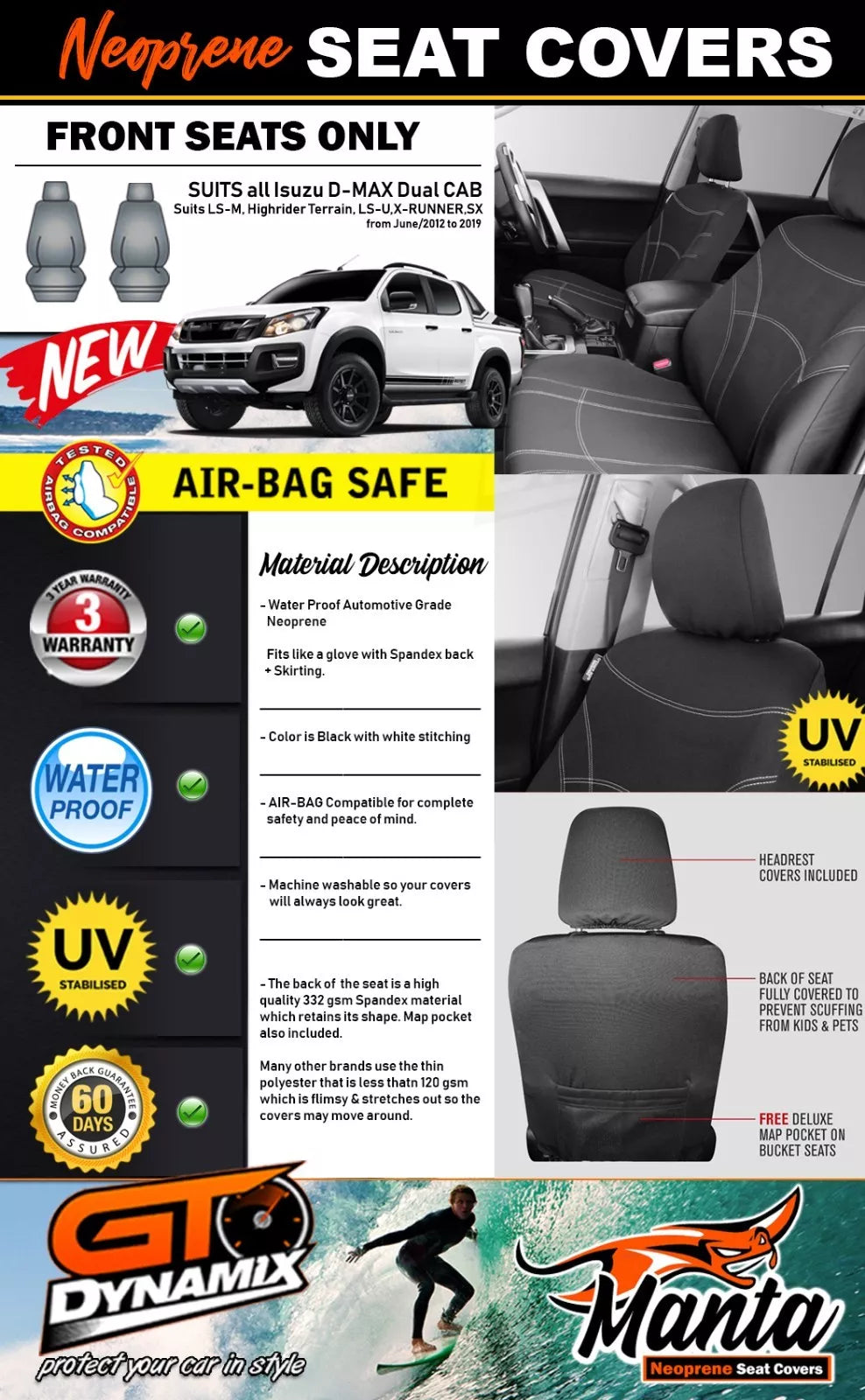 Manta Neoprene Front Seat Covers For HYUNDAI TUCSON TL TLE ACTIVE X ELITE GO 2015-2021