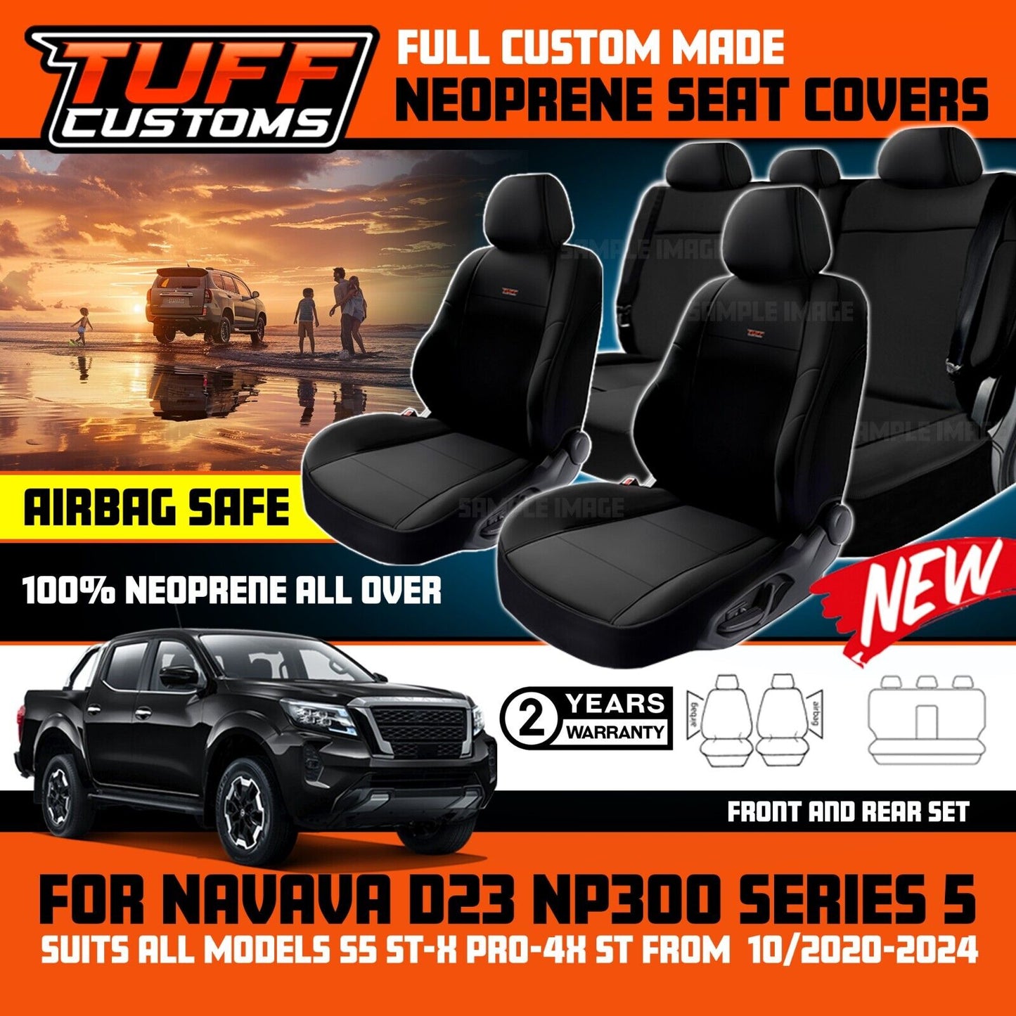 TUFF Customs Neoprene Seat Covers For Nissan Navara D23 NP300 S5 PRO-4X ST 10/2020-2025 Black 2 Rows