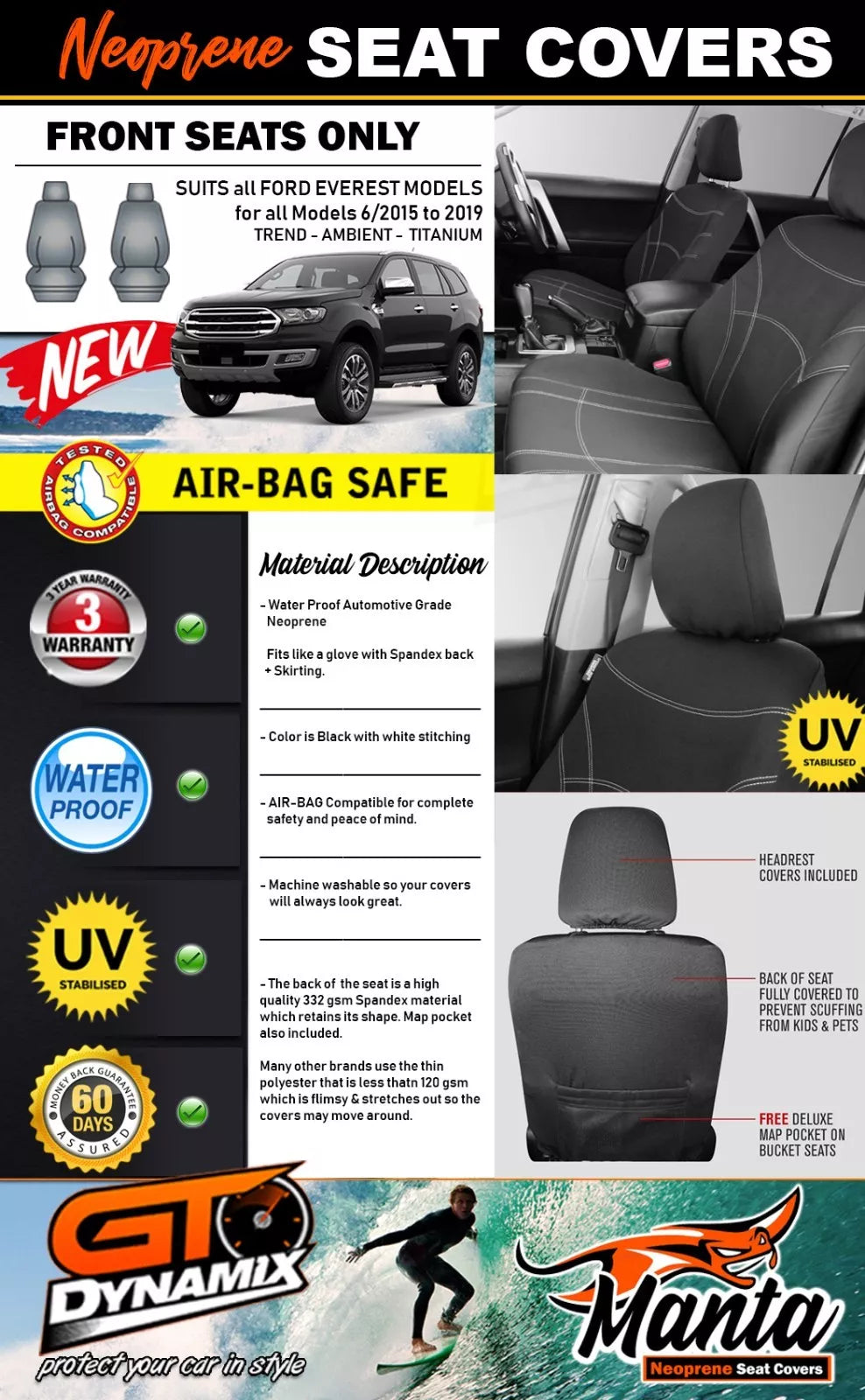 Manta Neoprene Front Seat Covers For FORD Everest UA Trend Titanium 2015-2022
