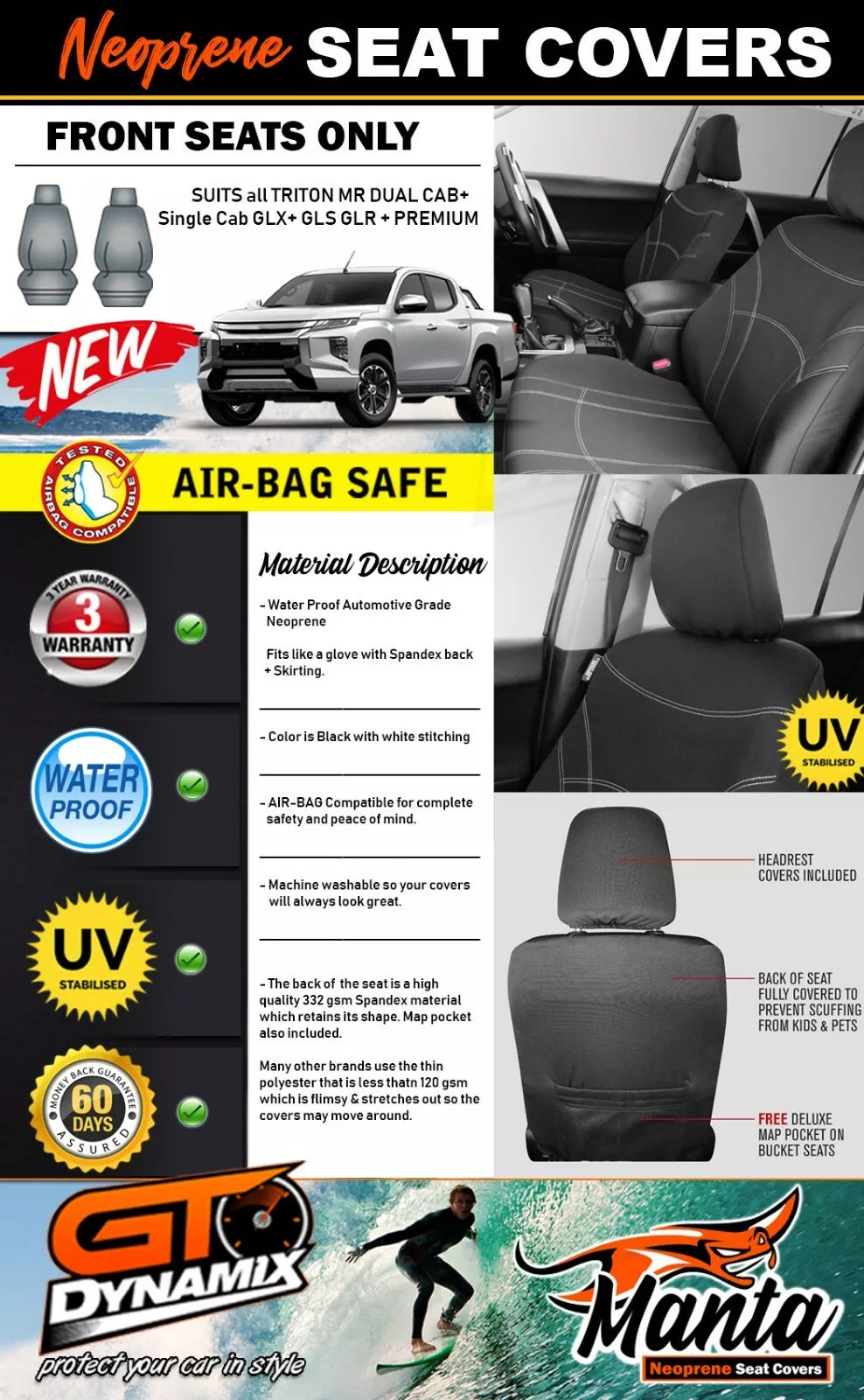 Manta Neoprene Front Seat Covers For TRITON MR DUAL CAB 2019-2024