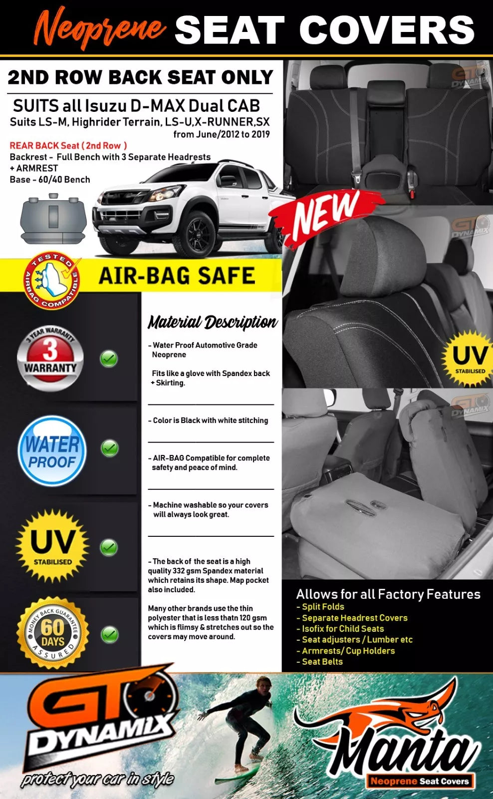 Manta Neoprene Rear Seat Covers For Isuzu D-MAX DUAL CAB DMAX 2012-2021