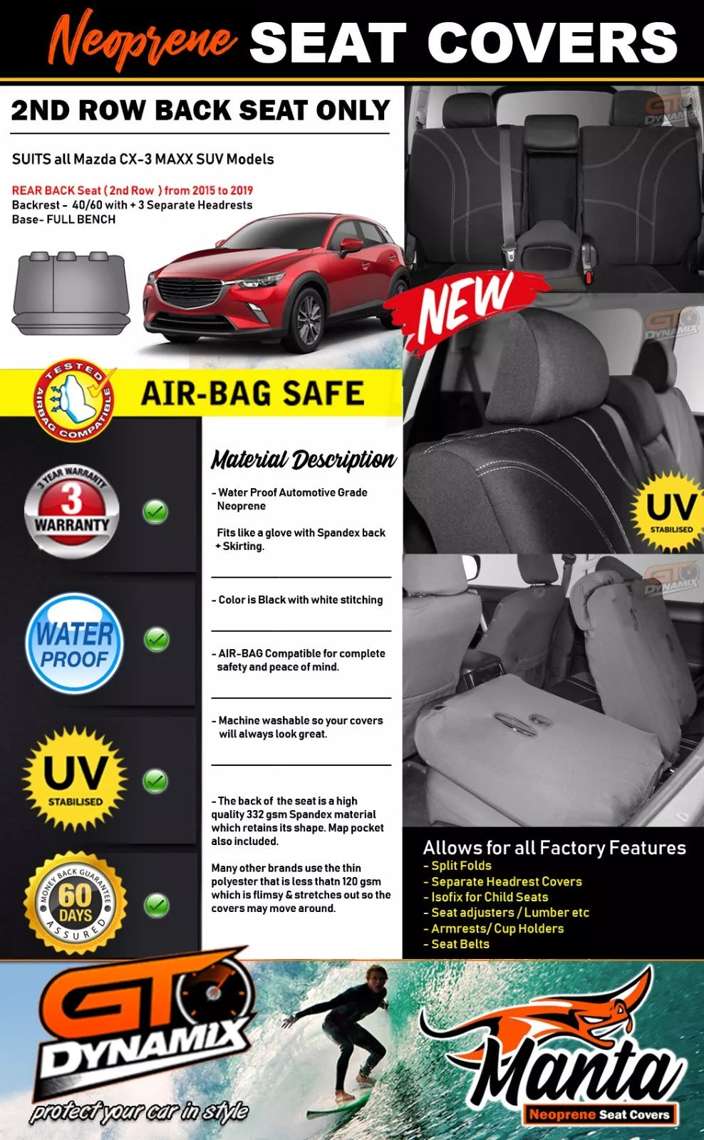Manta Neoprene Rear Seat Covers For Mazda CX-3 DK MAXX SUV 2015-2024
