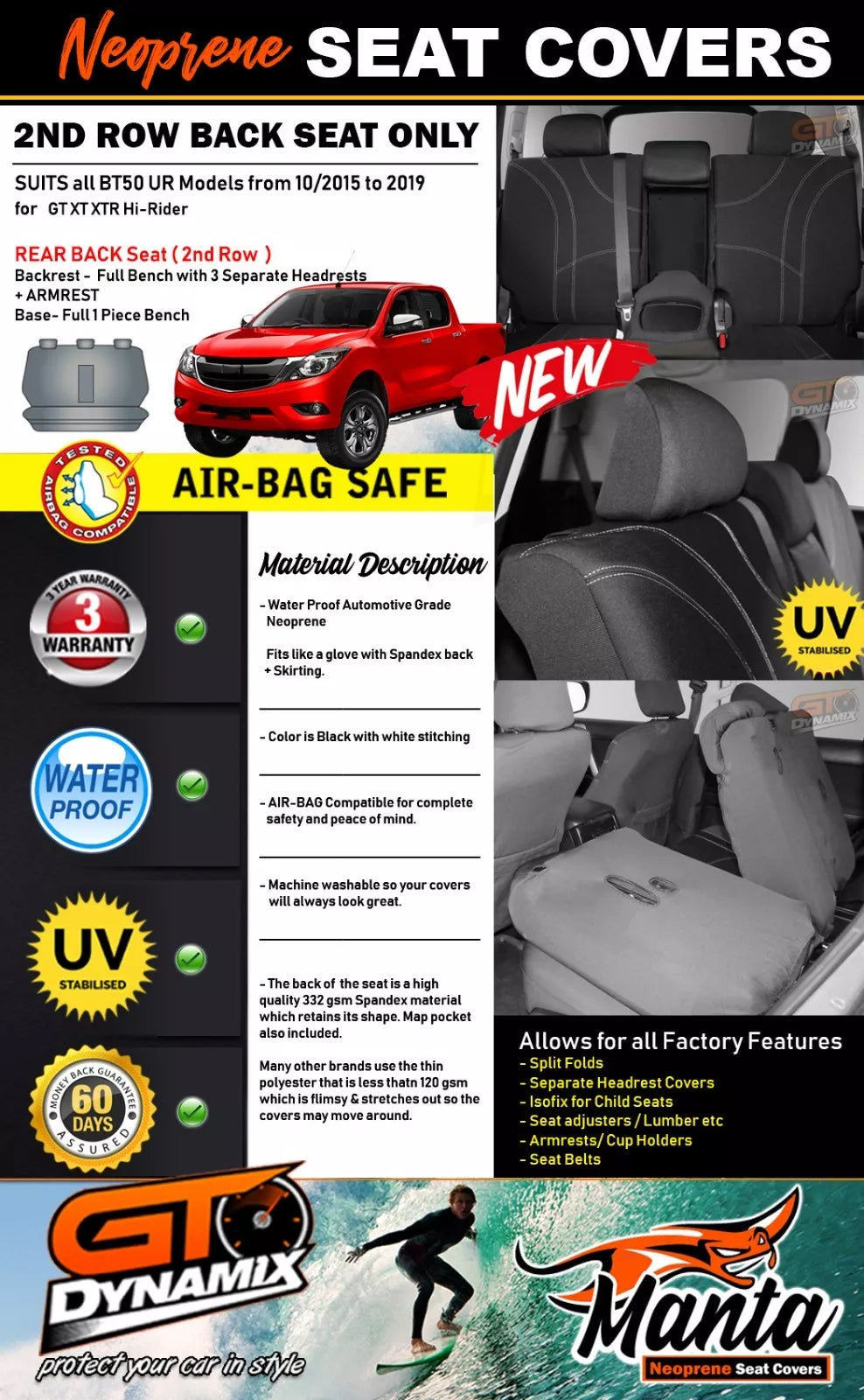 Manta Neoprene Rear Seat Covers For Mazda BT-50 UR GT XTR XT 10/2015-2020