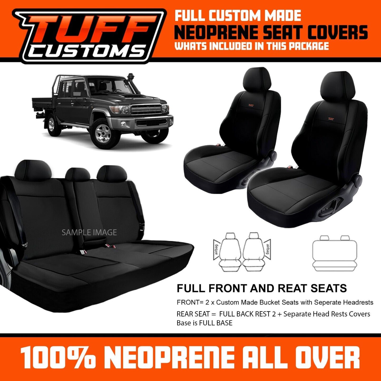 TUFF Customs Neoprene Seat Covers 2 Rows For Toyota Landcruiser 79 Series GX GXL VDJ79R 2016-2025