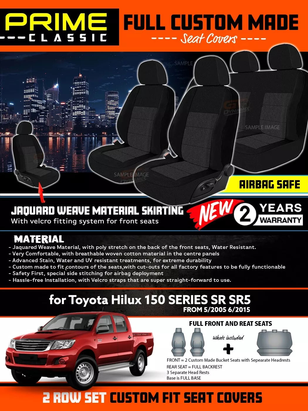 PRIME Classic Seat Covers 2 Rows Black For Toyota Hilux Dual Cab 150 SR5 KUN26 2005-2015
