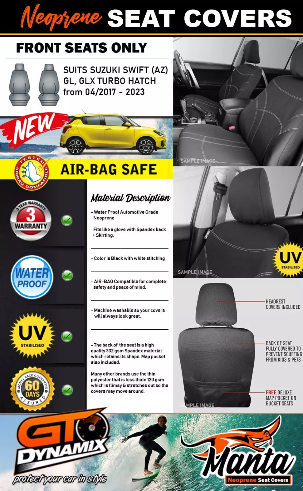 Manta Neoprene Front Seat Covers For SUZUKI SWIFT AZ GLX TURBO 4/2017-2024