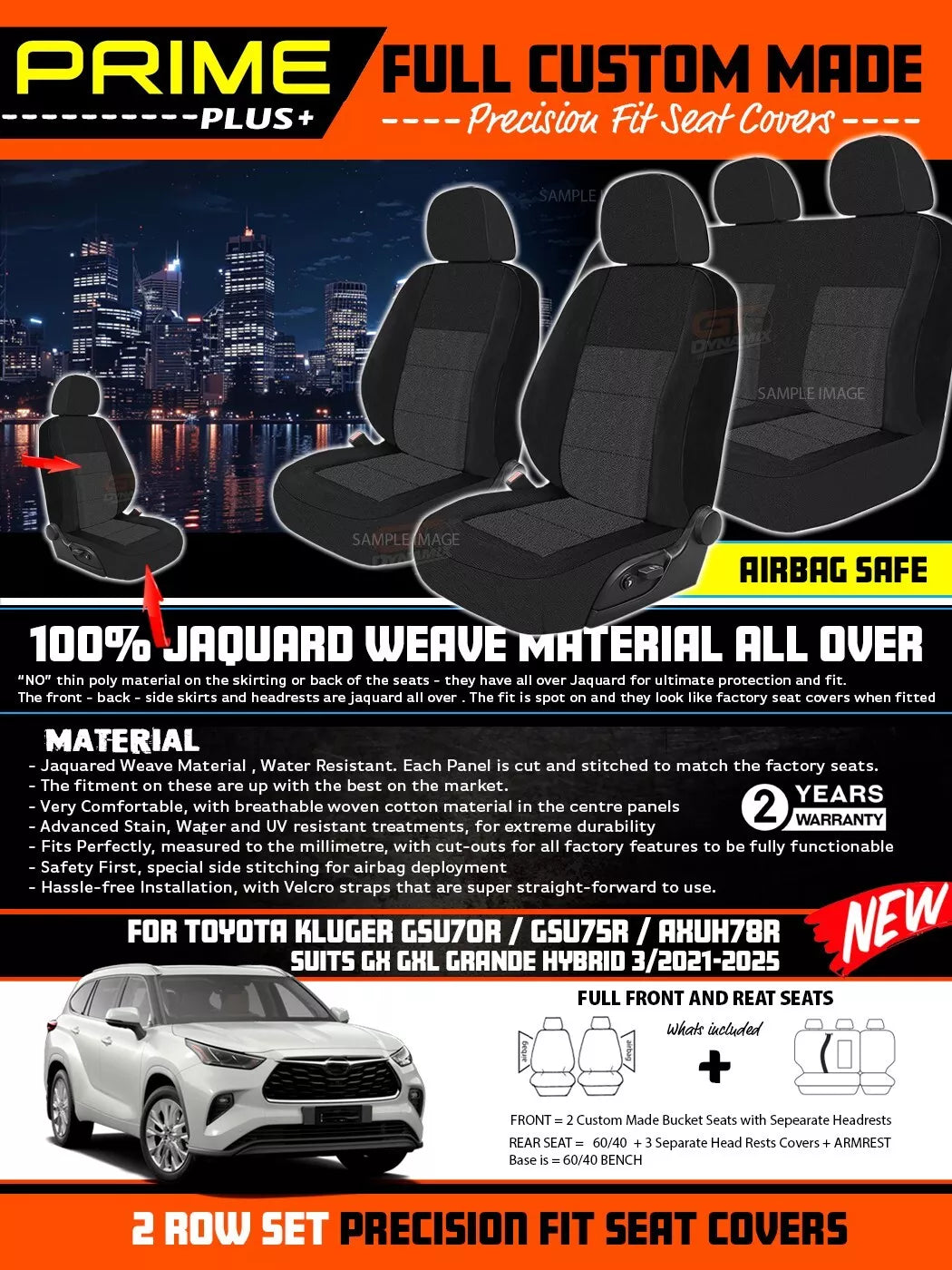 PRIME PLUS Seat Covers 2 Rows Black For Toyota KLUGER GX GXL GRANDE Hybrid 3/2021-2024