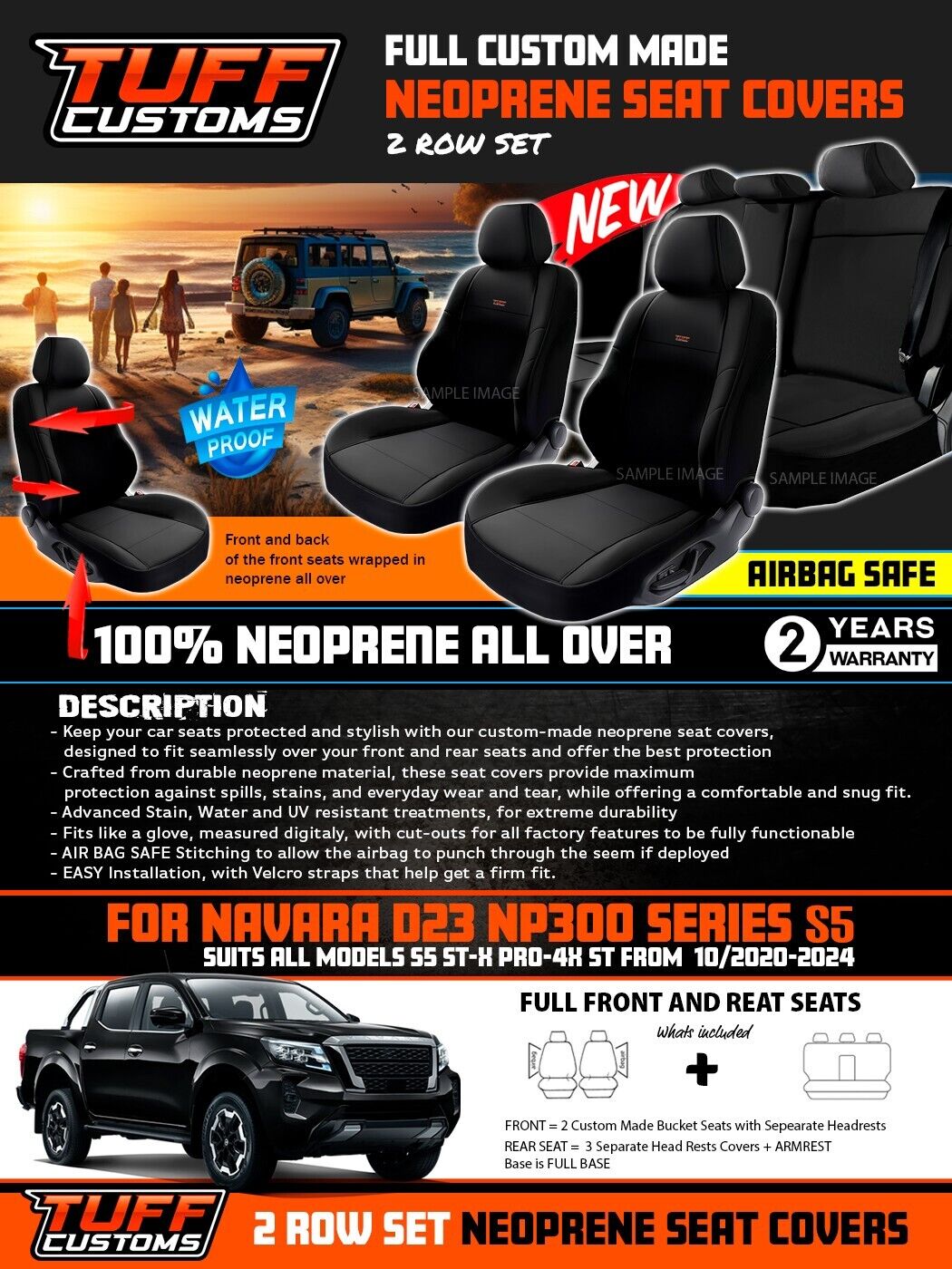 TUFF Customs Neoprene Seat Covers For Nissan Navara D23 NP300 S5 ST-X ST 10/2020-2025 Black 2 Rows