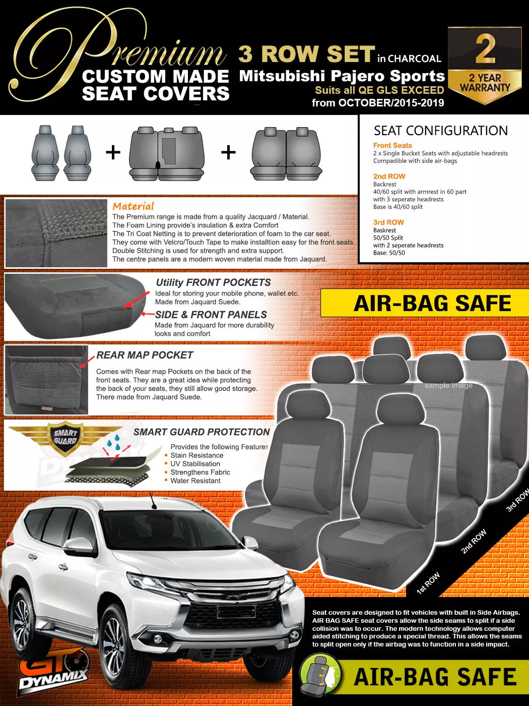 Premium Seat Covers 3 Rows Charcoal Grey For Mitsubishi Pajero SPORTS GLS EXCEED 10/2015-2019