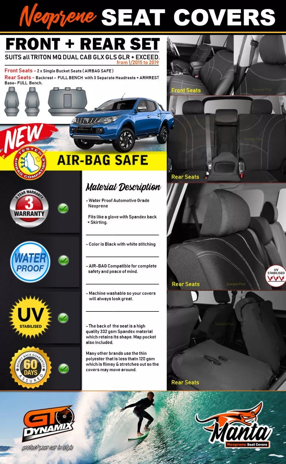 Manta Neoprene 2 Rows Seat Covers For Mitsubishi Triton MQ Dual Cab GLX GLS 2015-2024