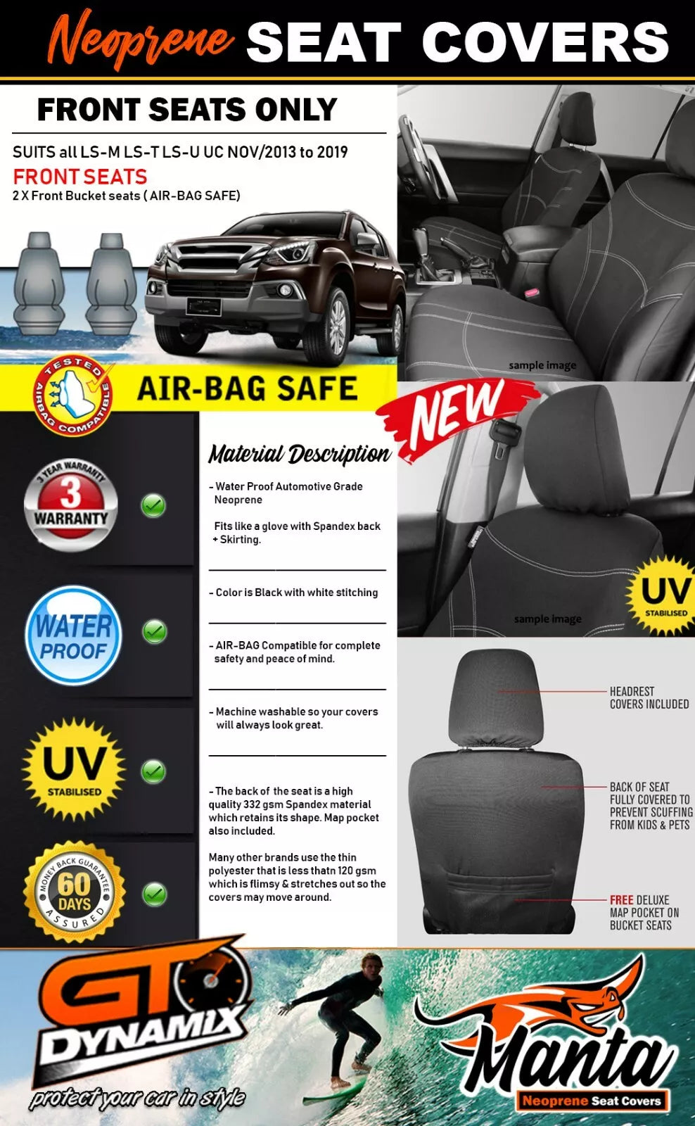 Manta Neoprene Front Seat Covers For ISUZU DMAX TF LS-U LS-M LS SX 6/2012-6/2020