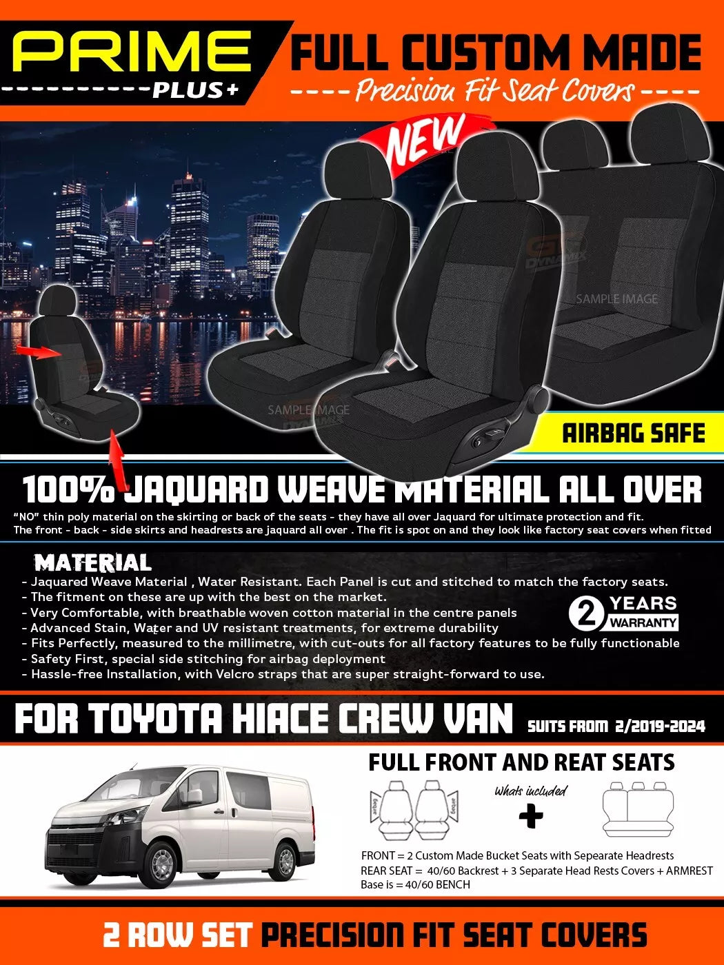 PRIME PLUS Seat Covers 2 Rows Charcoal Grey For TOYOTA HIACE CREW VAN GDH300R 2/2019-2024