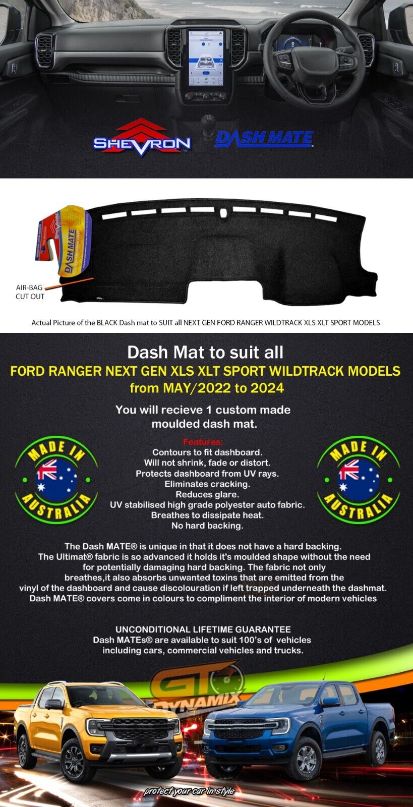 Shevron Dash Mat FORD RANGER NEXT GEN 5/2022-2024 XL XLT XLS DMB1650 Black + Blue Stitching