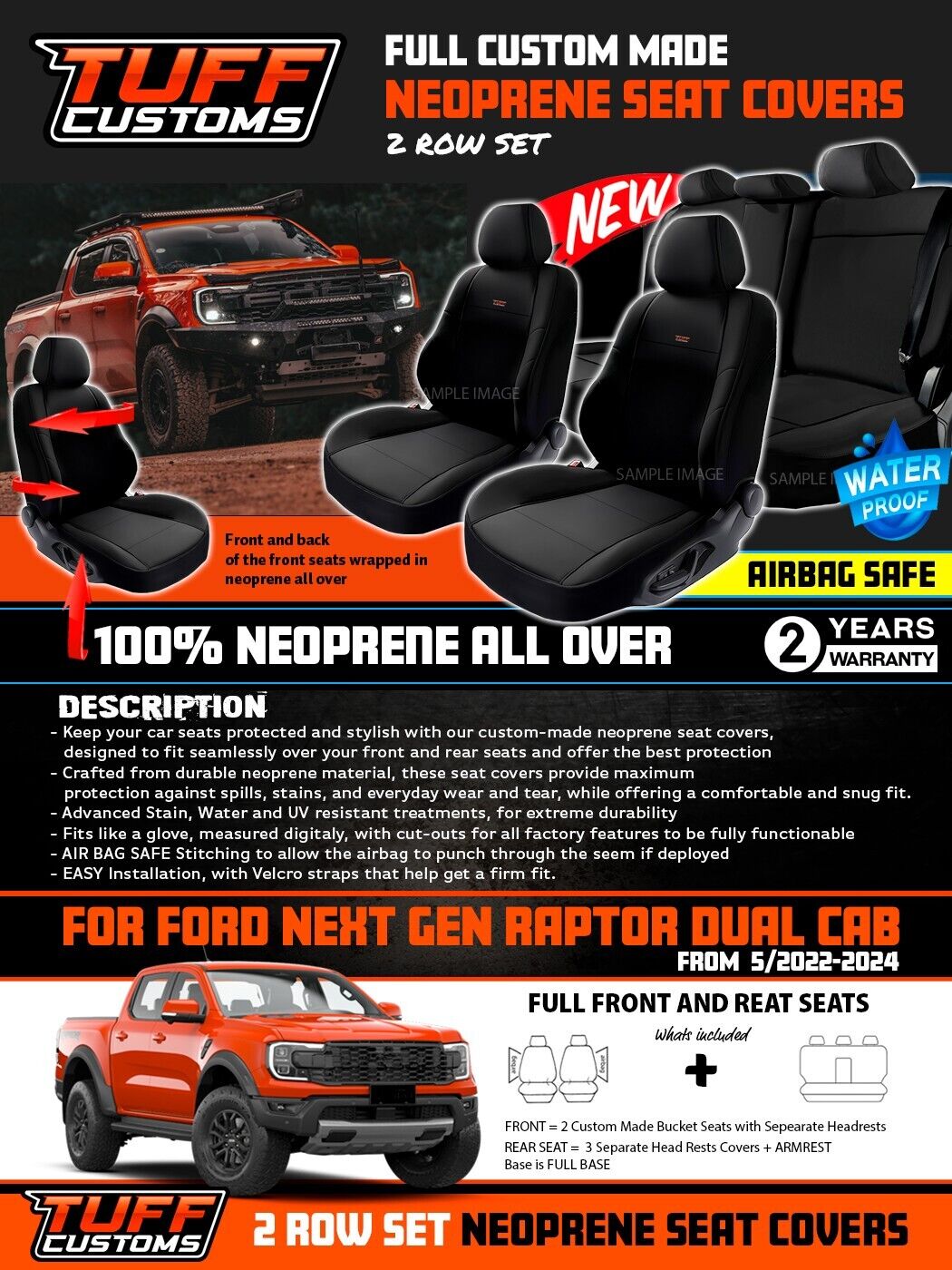 TUFF Customs Neoprene Seat Covers 2 Rows For FORD RANGER NEXT GEN RAPTOR 5/2022-2025