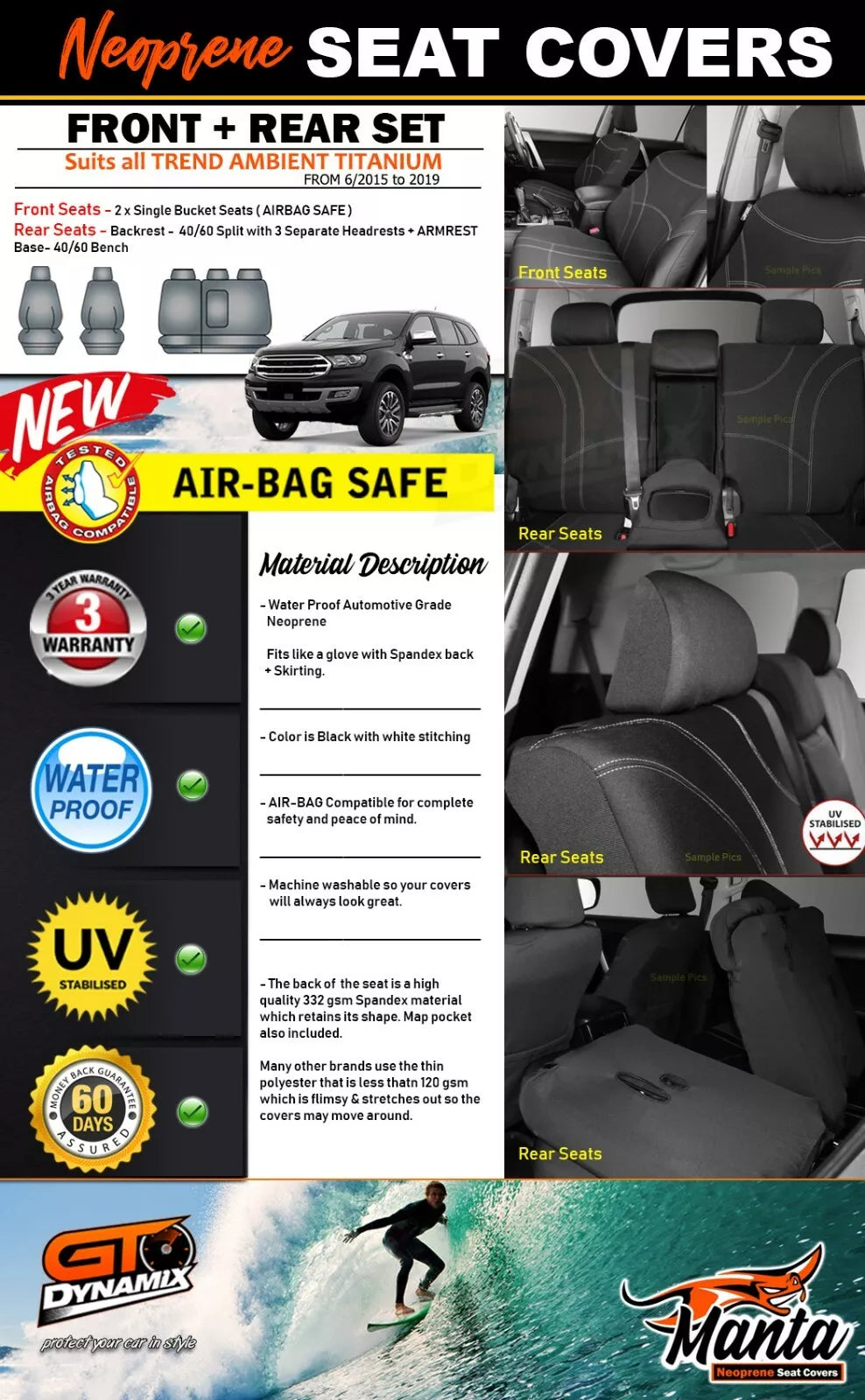 Manta Neoprene 2 Rows Seat Covers For FORD Everest Trend Titanium 2015-2022