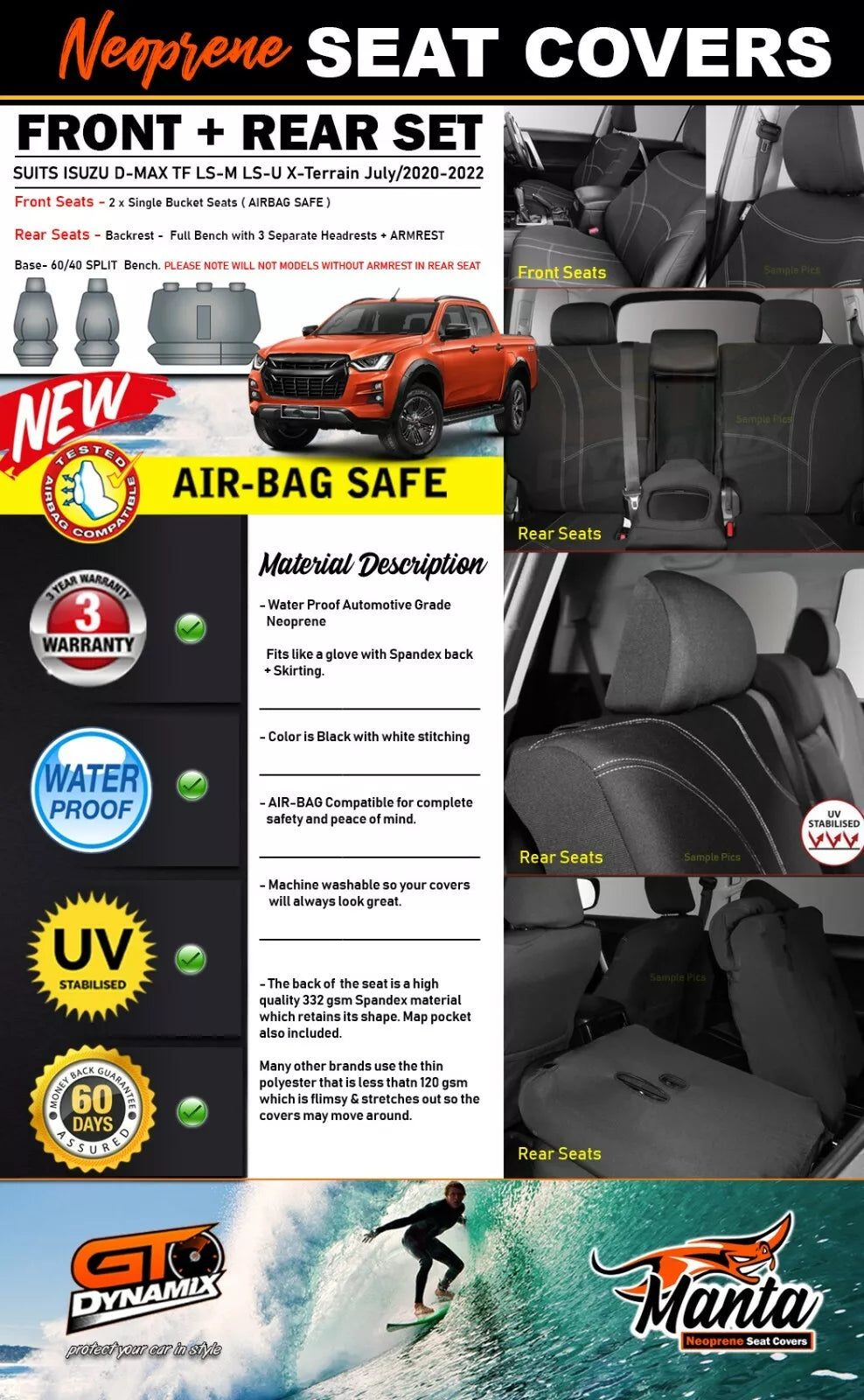 Manta Neoprene 2 Rows Seat Covers For Isuzu TF D-MAX LS-M LS-U 7/2020-2024