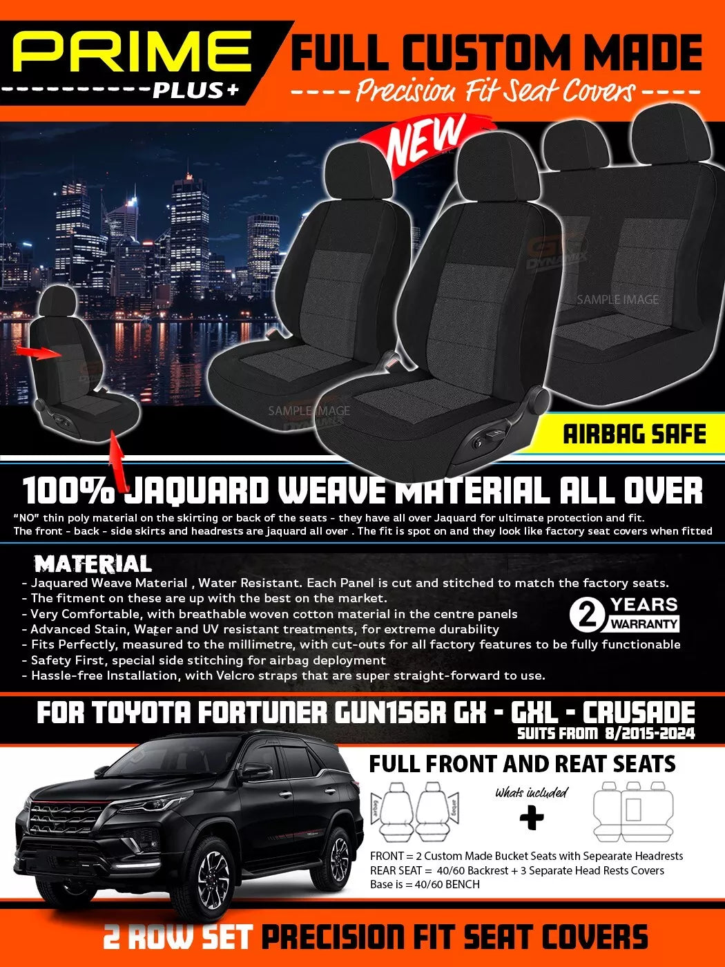 PRIME PLUS Seat Covers 2 Rows Black For Toyota Fortuner GX GXL CRUSADE 2015-2024