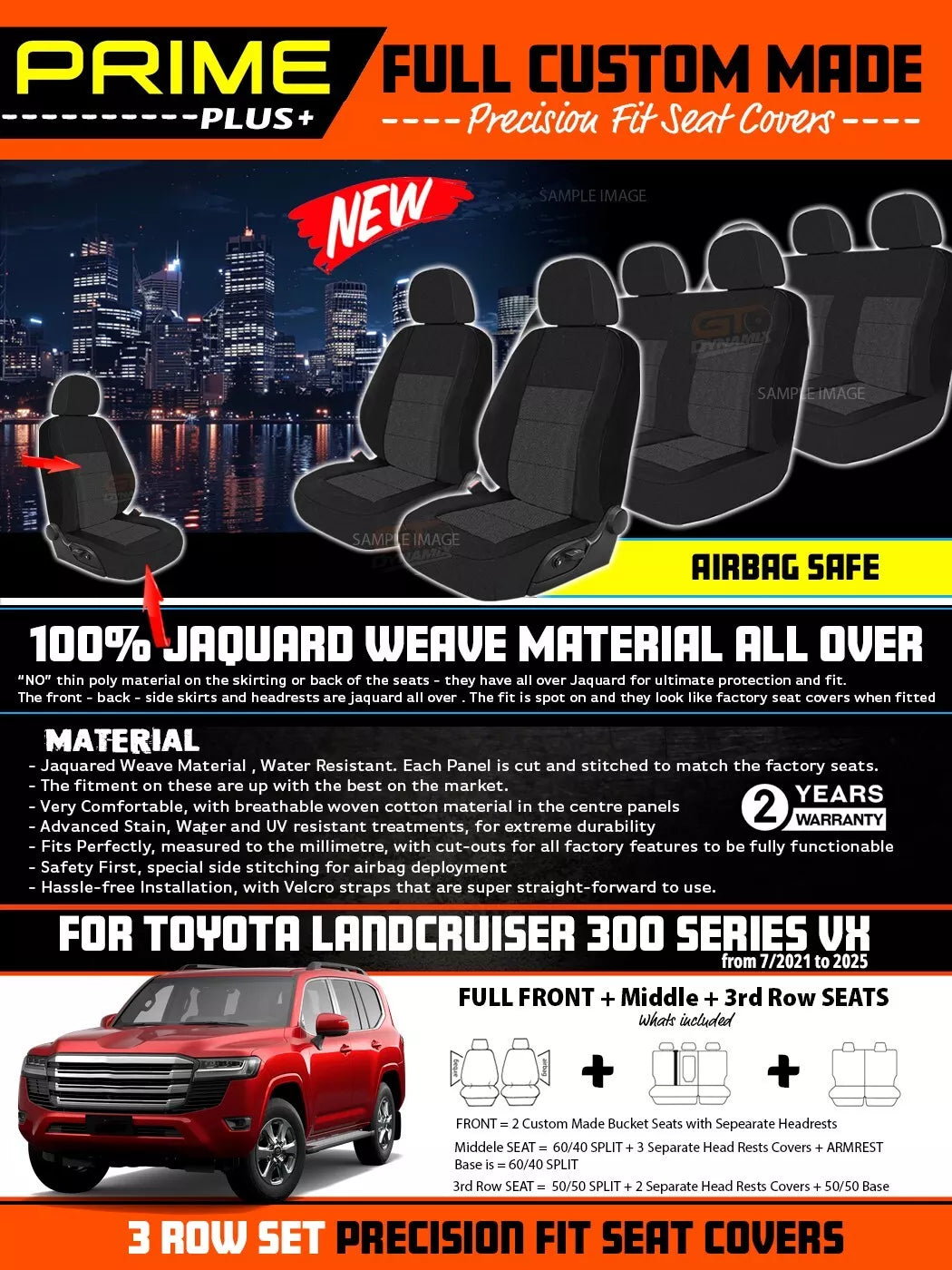 PRIME PLUS Seat Covers 3 Rows Black For Toyota Landcruiser 300 Series VX 7/2021-2025