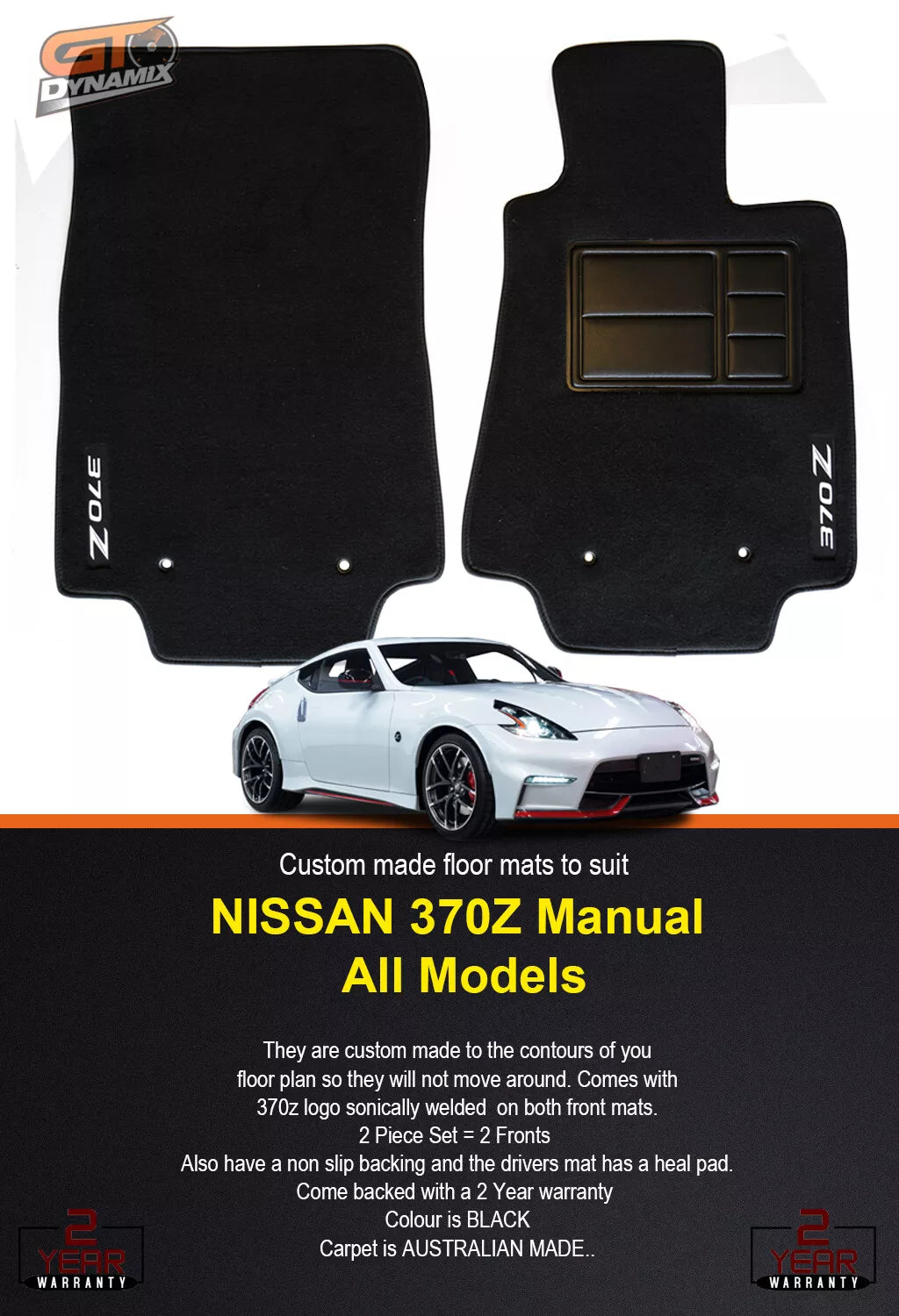 Custom Floor Mats Set of 2 FRONTs BLACK For Nissan 370Z Manual 2009-2023 Logo