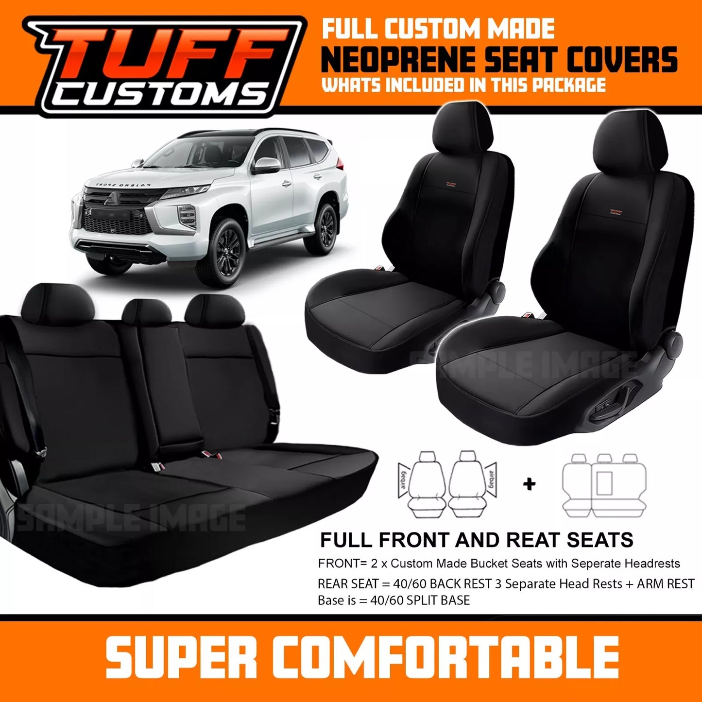 TUFF Customs S1 Neoprene Seat Covers 2 Rows For Mitsubishi Pajero Sport GLX GLS GSR EXCEED 1/2016-2024