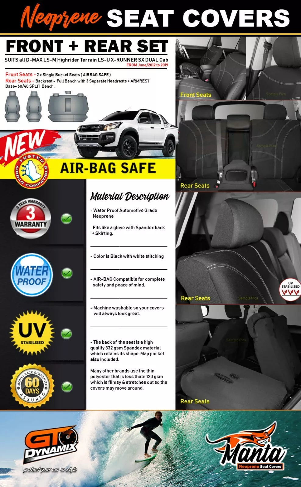 Manta Neoprene 2 Rows Seat Covers For Isuzu D-MAX DUAL CAB 2012-6/2020