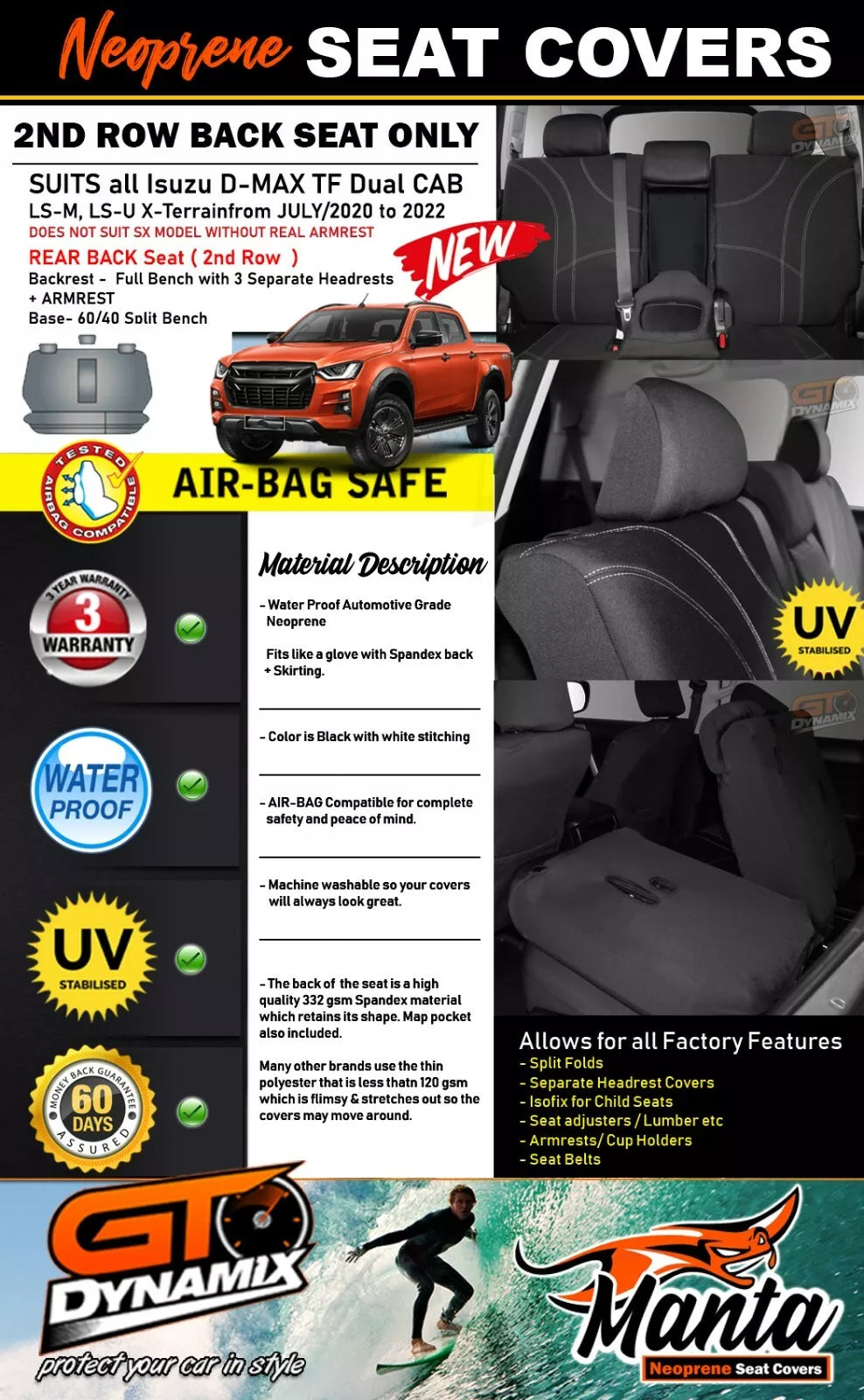 Manta Neoprene Rear Seat Covers For Isuzu TF D-MAX X-Terrain 7/2020-2024