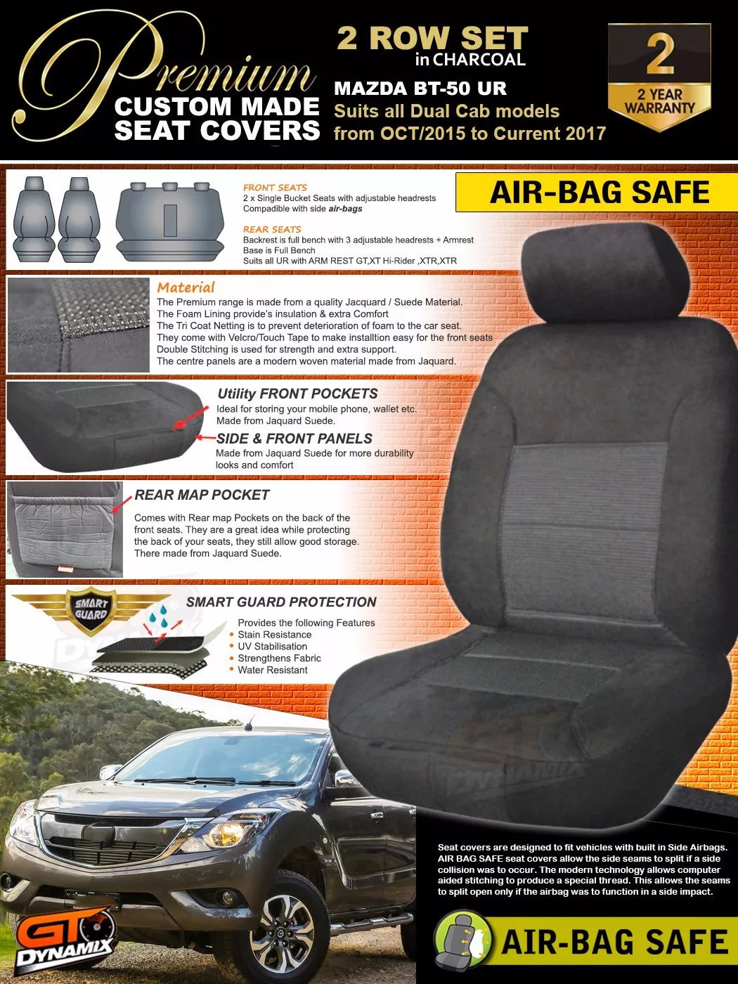 Premium Seat Covers 2 Rows Charcoal Grey For MAZDA BT-50 UR XT GT Dual Cab 10/2015-20 BT50