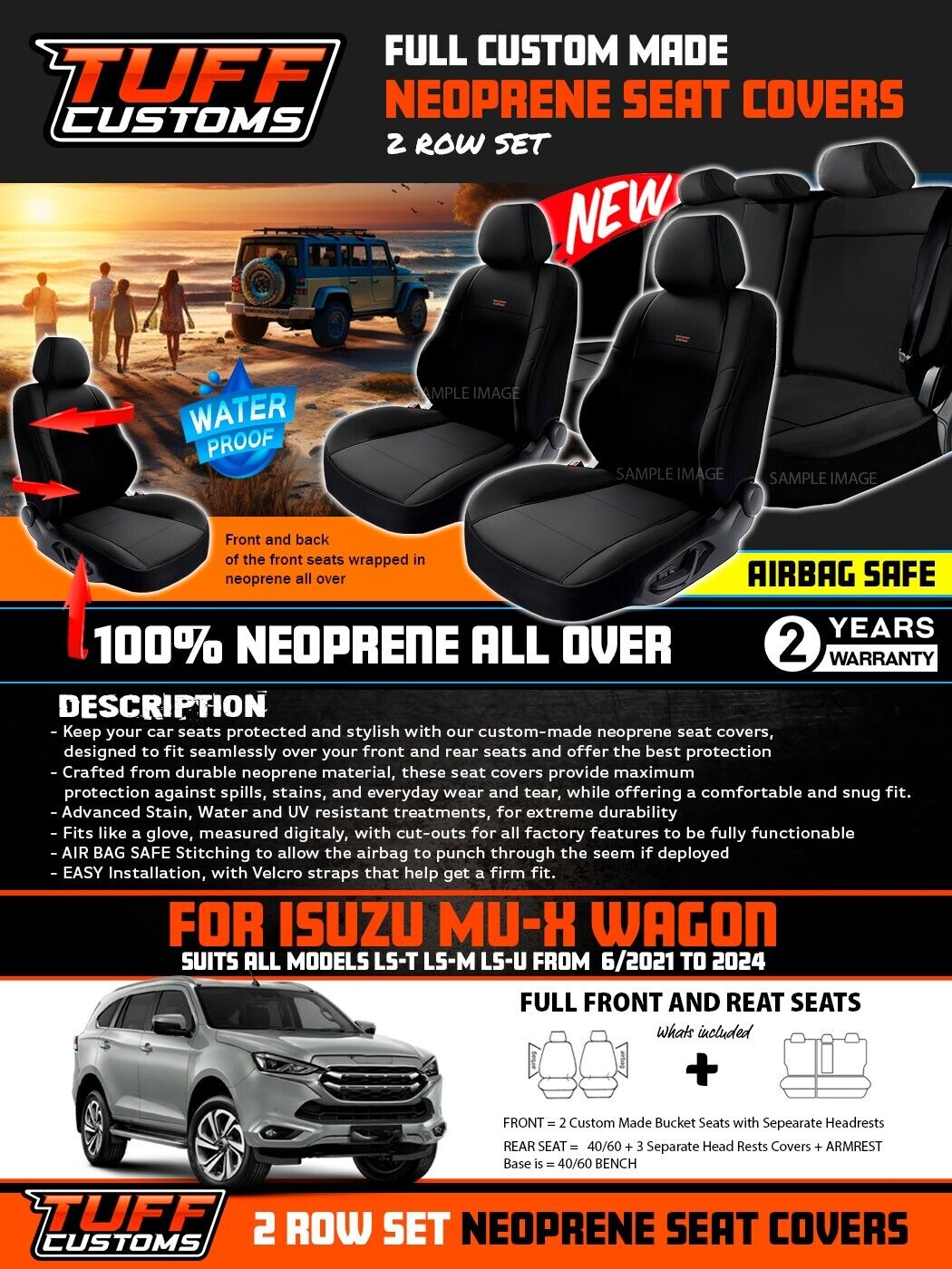 TUFF Customs Neoprene Seat Covers 2 Rows For Isuzu MU-X LS-U LS-M LS-T MUX 7/2021-24