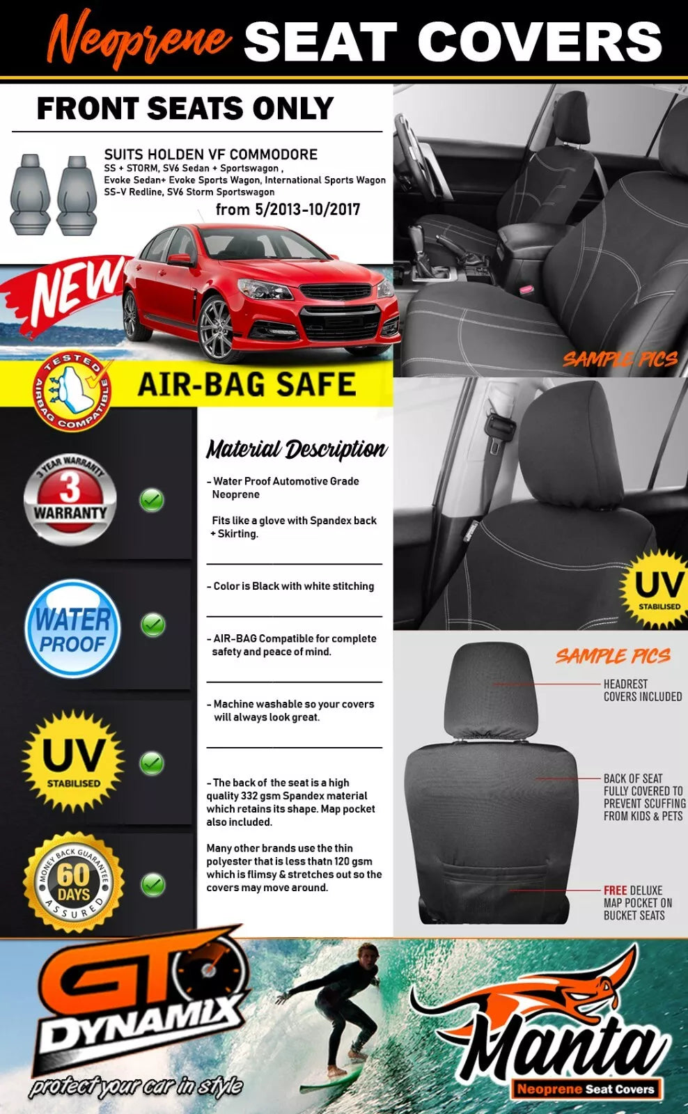 Manta Neoprene Front Seat Covers For VF Commodore SS SS-V EVOKE Storm SV6 2013-2017