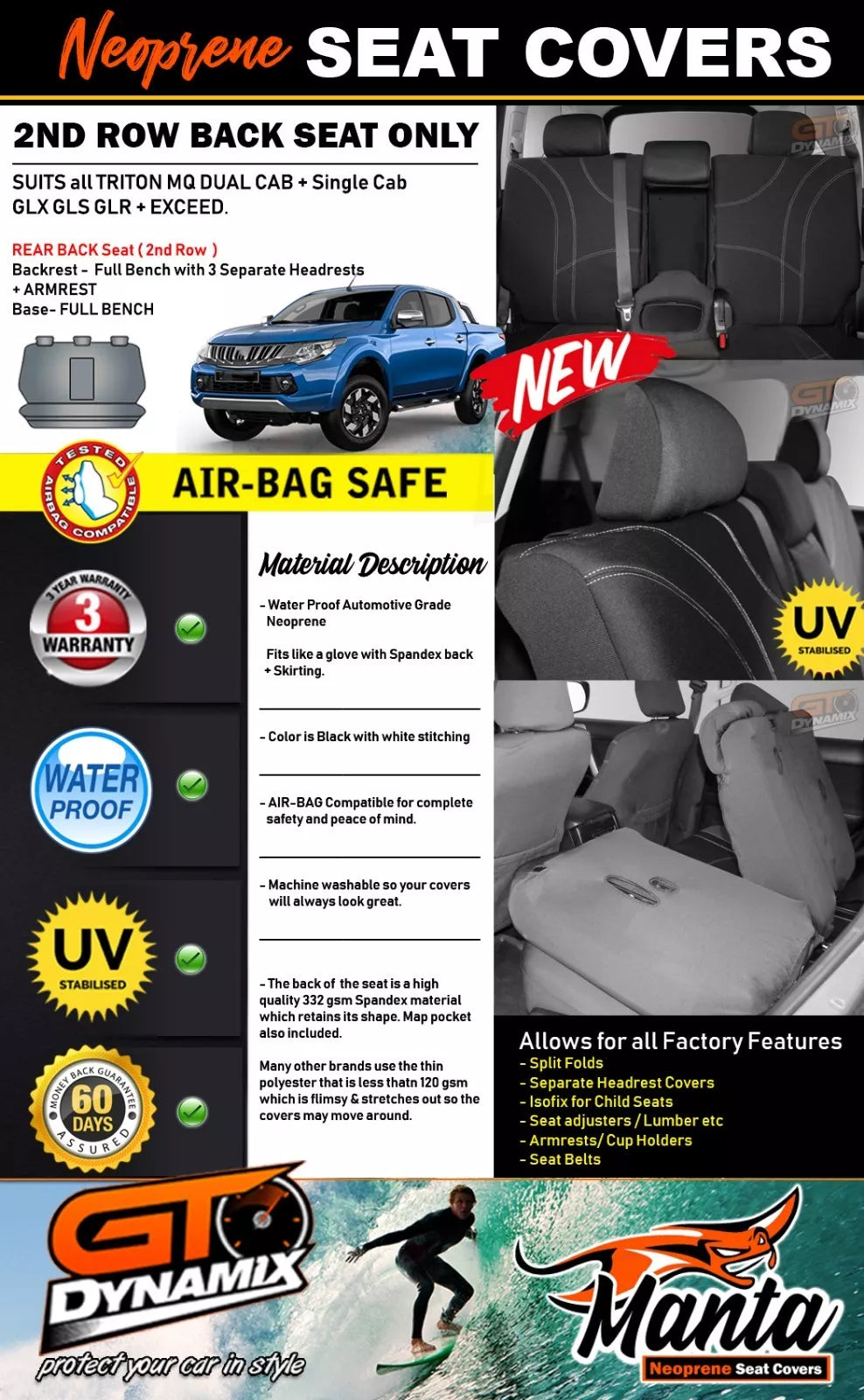 Manta Neoprene Rear Seat Covers For TRITON MQ DUAL CAB 10/2015-2024
