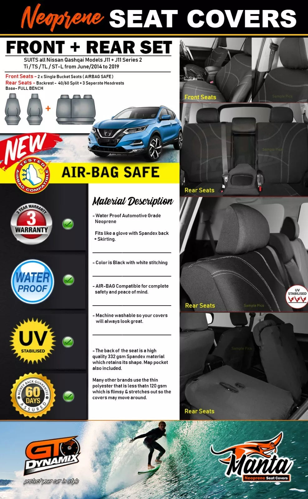Manta Neoprene 2 Rows Seat Covers For Nissan Qashqai Ti TS TL ST-L 6/14-2022