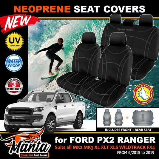 Manta Neoprene 2 Rows Seat Covers For FORD RANGER PX2 XL XLT Wildtrack 6/2015-2019