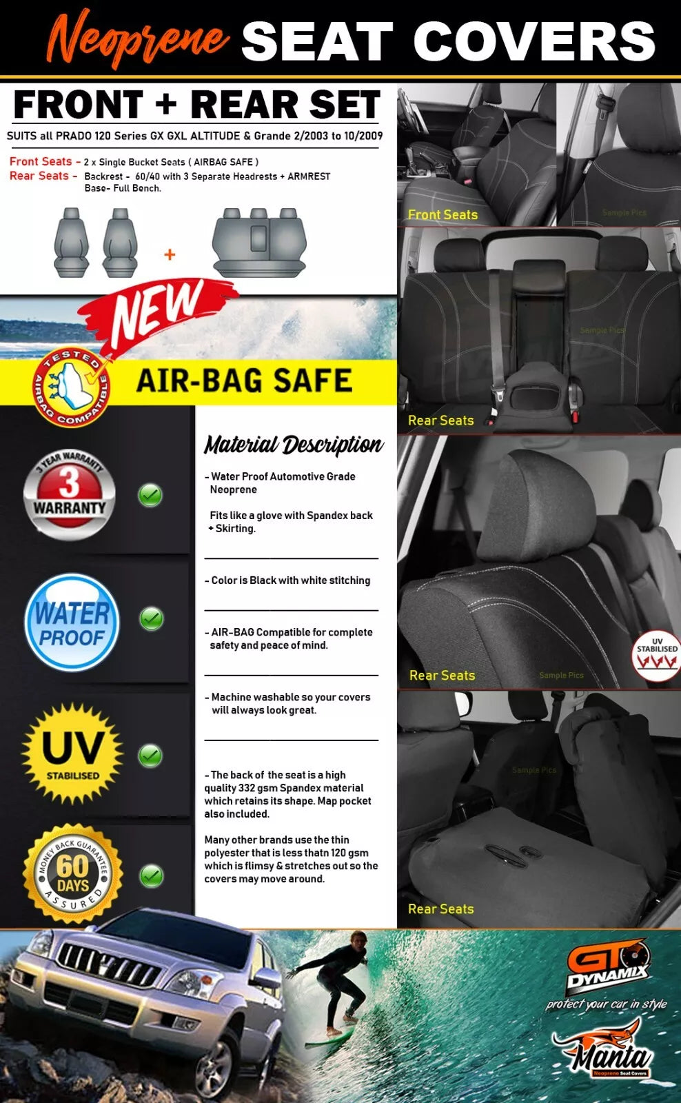 Manta Neoprene 2 Rows Seat Covers For Prado 120 GX GXL Grande 2003-10/2009