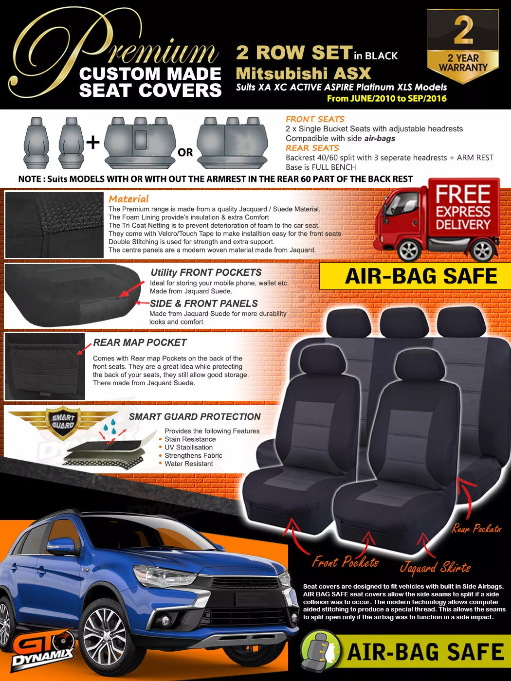 Premium Seat Covers 2 Rows Black For Mitsubishi ASX XA XB Active Aspire 2010-9/2016
