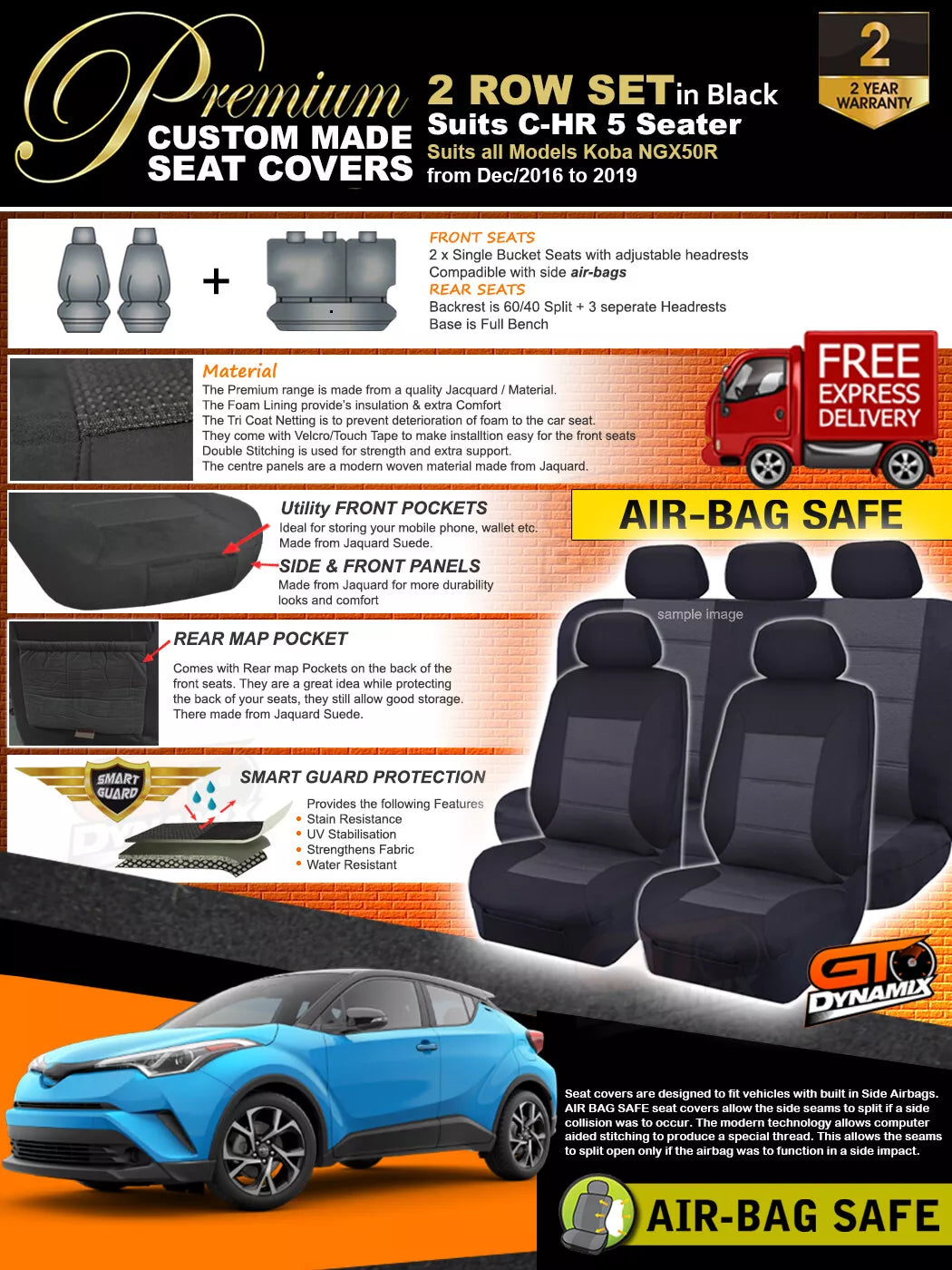 Premium Seat Covers 2 Rows Black For Toyota C-HR Coba NGX50R GXL GR 2017-9/2023