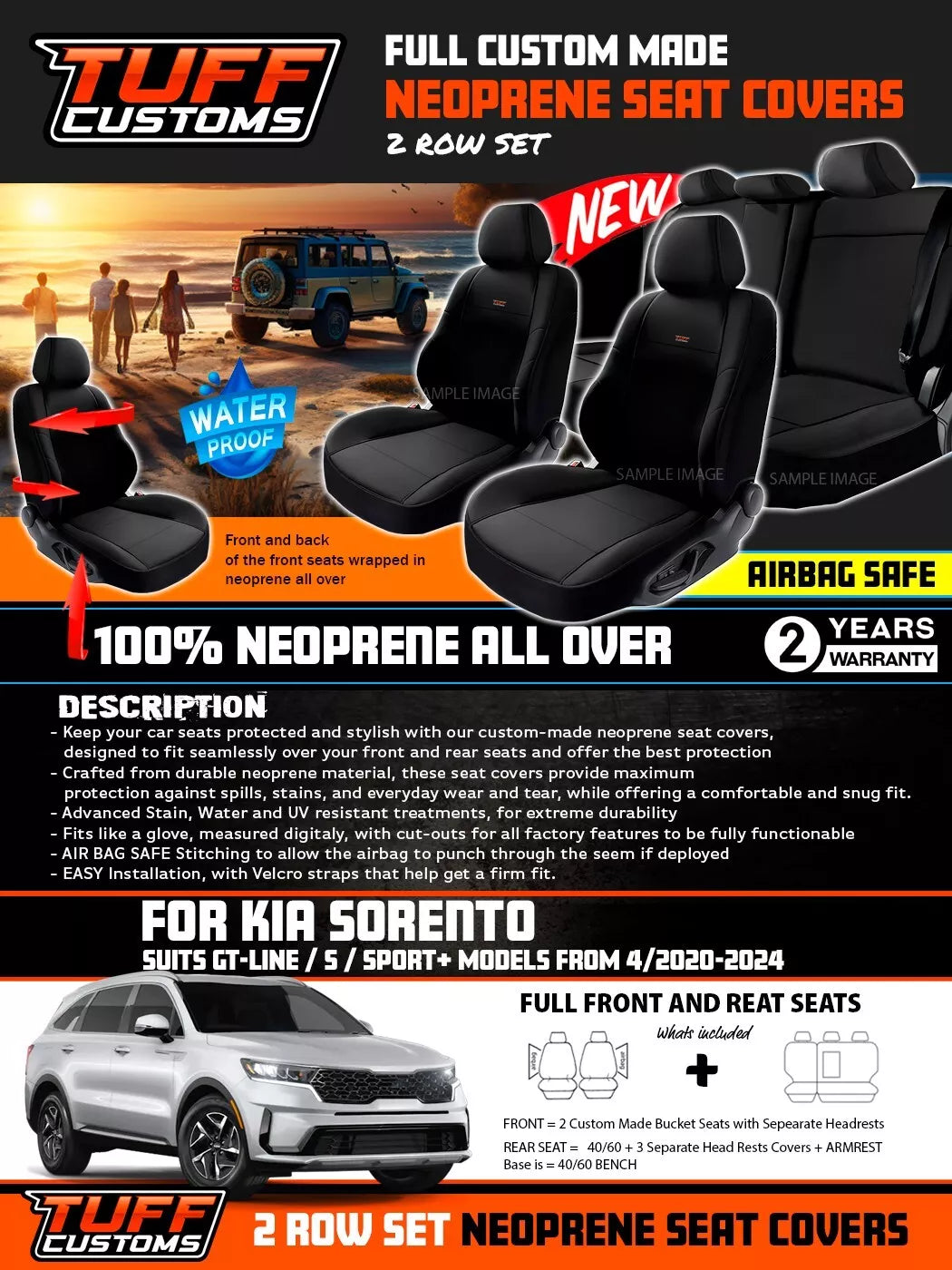 TUFF Customs Neoprene Seat Covers 2 Rows For Kia Sorento GT-Line S Sport 4/2020-2024