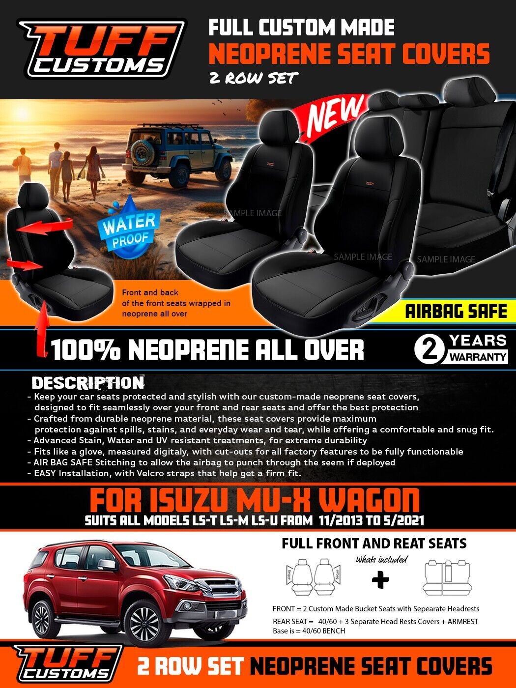 TUFF Customs Neoprene Seat Covers 2 Rows For Isuzu MU-X LS-M LS-U UC 11/2013-5/2021