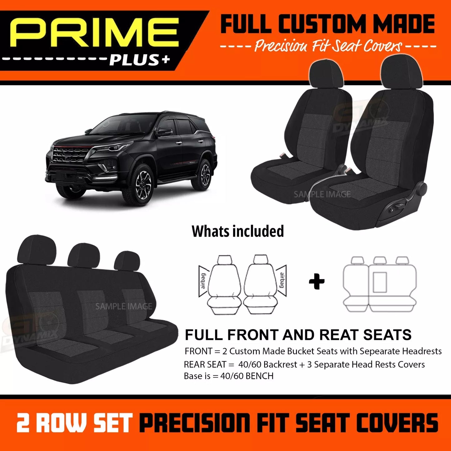 PRIME PLUS Seat Covers 2 Rows Black For Toyota Fortuner GX GXL CRUSADE 2015-2024
