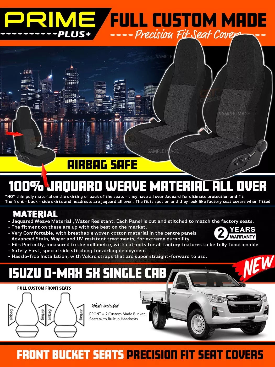 PRIME PLUS Seat Covers Front Black For Isuzu D-MAX TF SX SINGLE CAB Bucket Seat 2020-2024