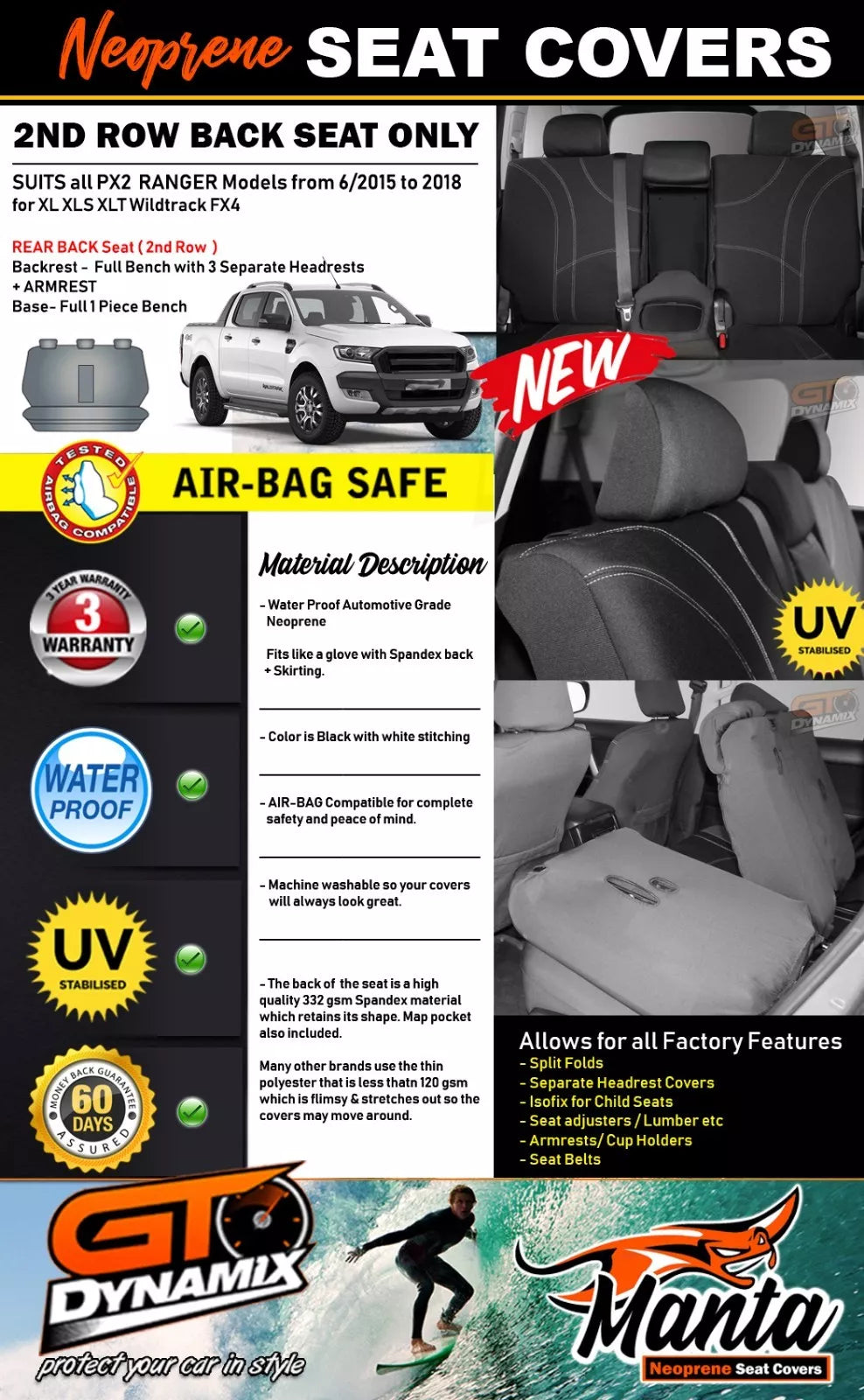Manta Neoprene Rear Seat Covers For FORD PX2 PX3 RANGER 6/2015-2022