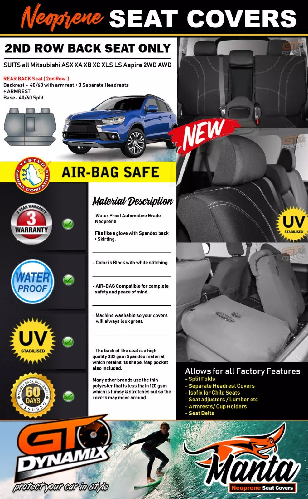 Manta Neoprene Rear Seat Covers For Mitsubishi ASX XA XB XC OCT/2016 -2024